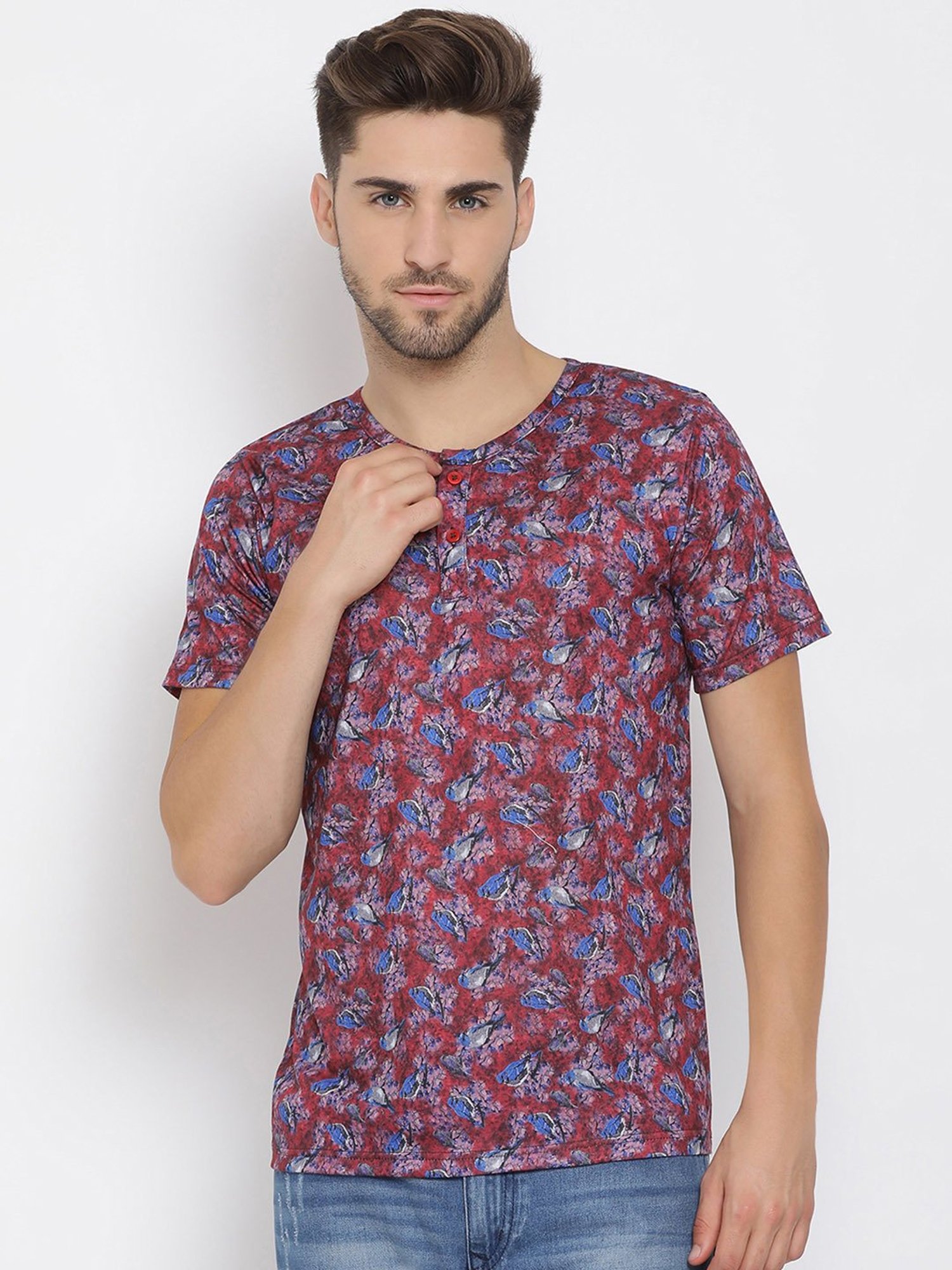 Hangup Plus Red & Blue Regular Fit Printed Henley T-Shirt
