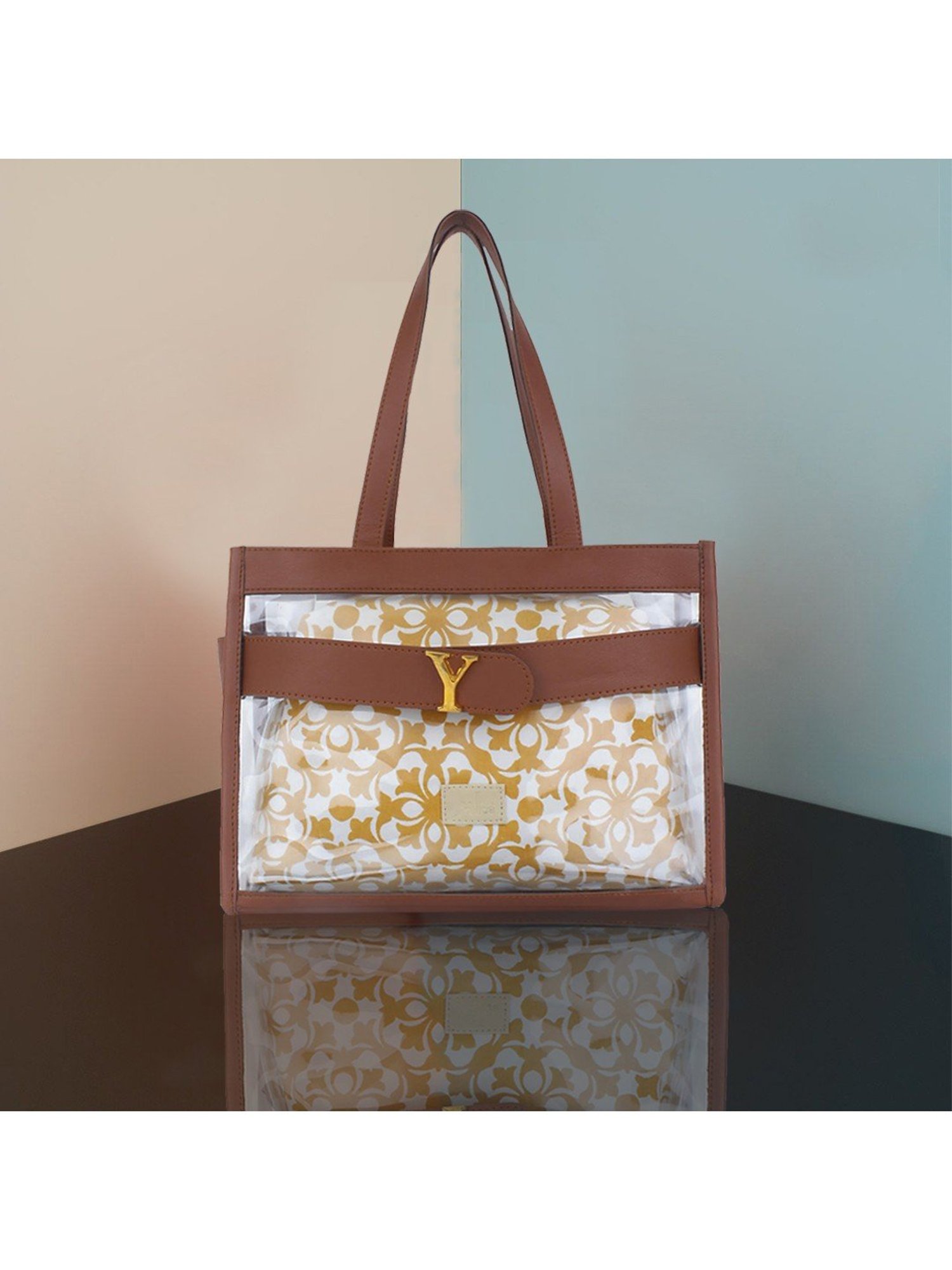 Yelloe Brown Printed Medium Handbag