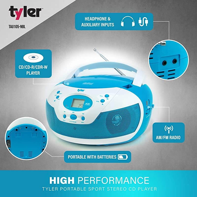 Portable Neon Blue Stereo CD Player with AM/FM Radio and Aux & Headphone Jack Line-in (TAU105-NBL)