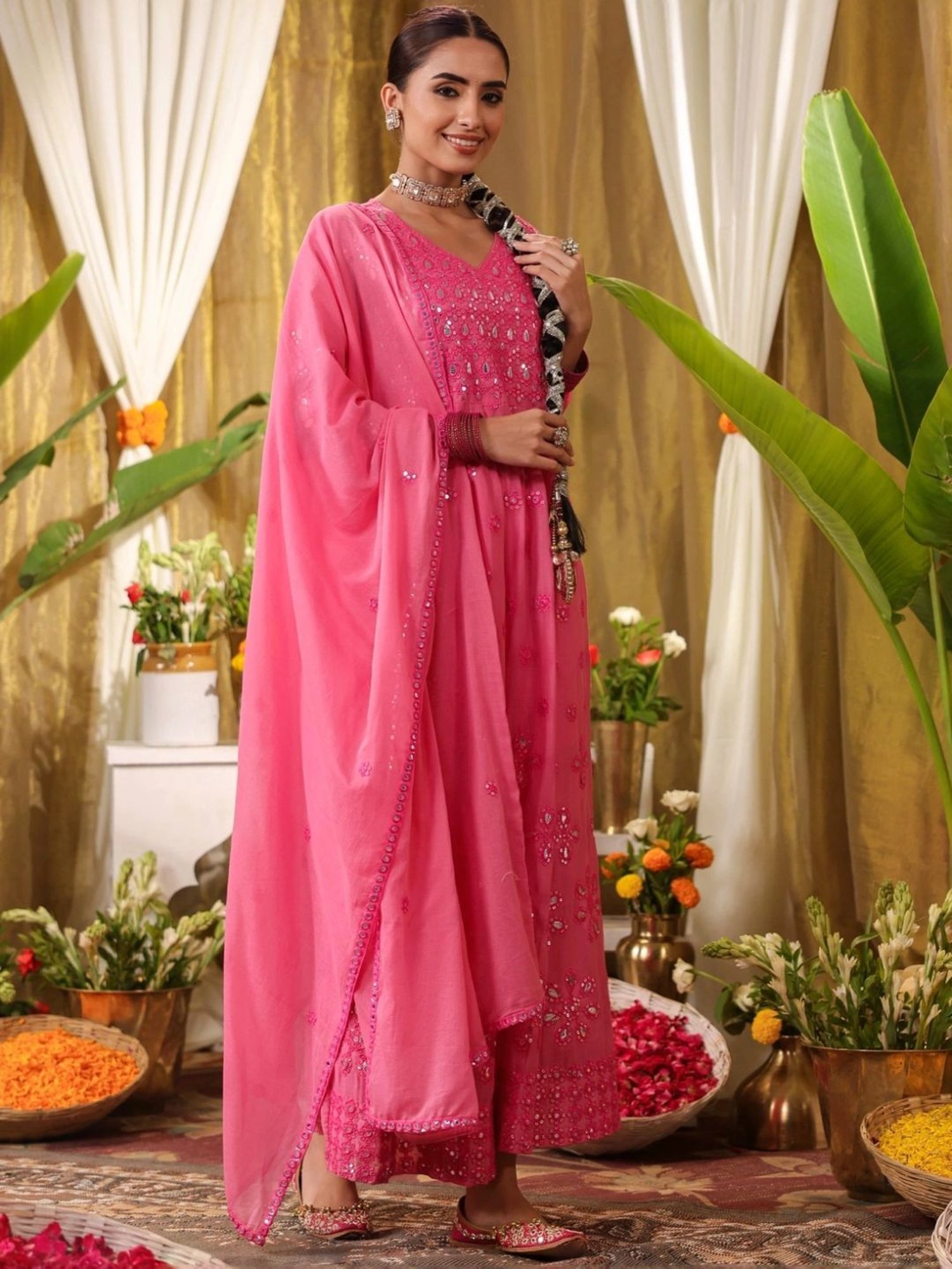 SCAKHI Coral Mulmul Mirror & Sequin Embroidered Anarkali and Pant With Dupatta