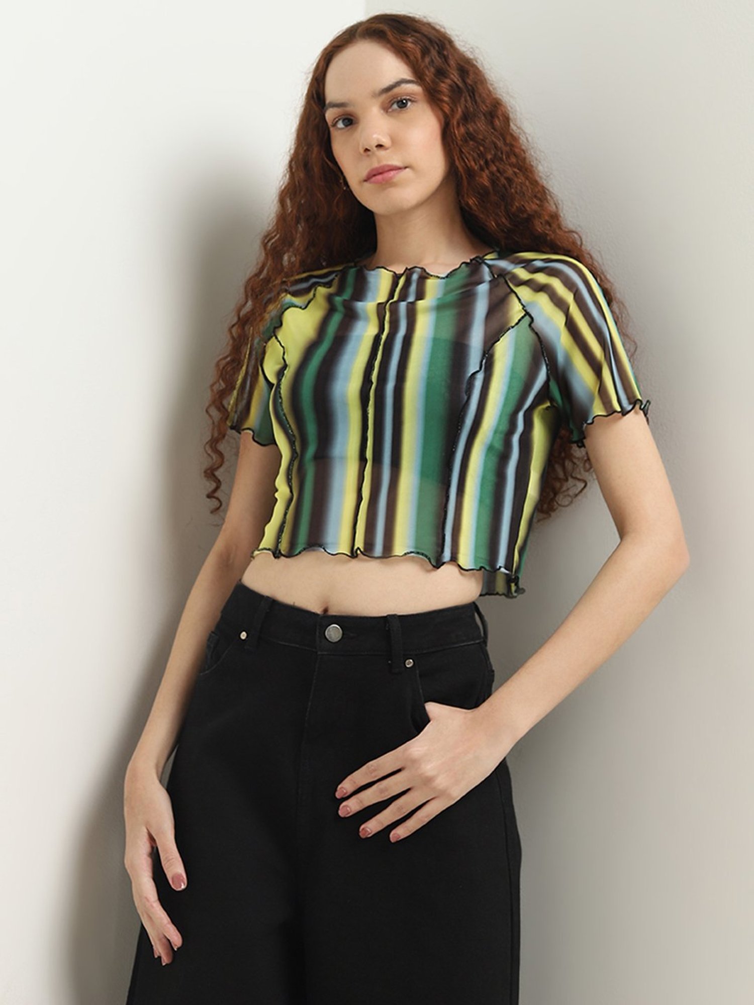 Nuon by Westside Lime Stripe Printed Mesh Top