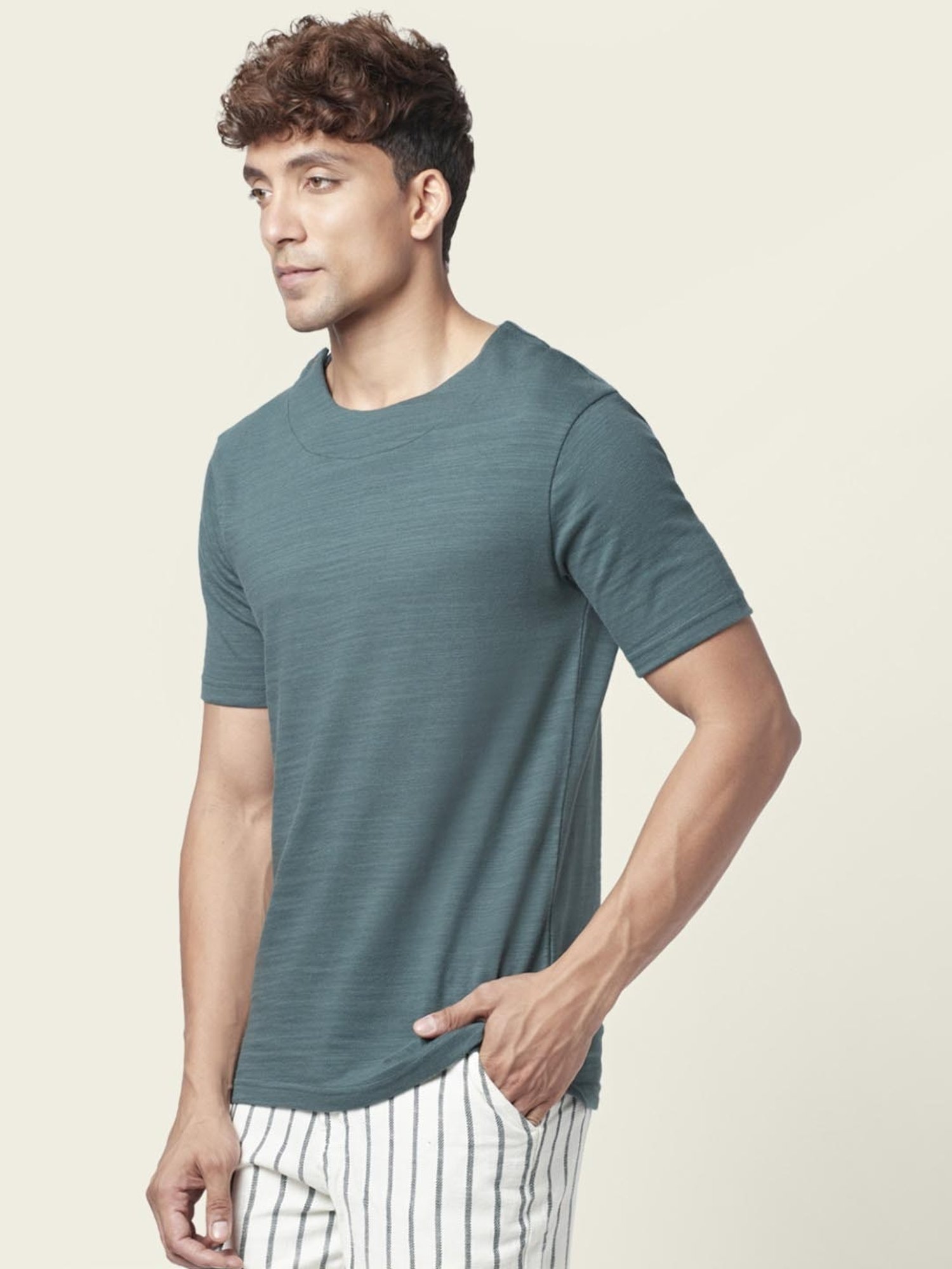 7 Alt by Pantaloons Forest Green Cotton Relaxed Fit Self Pattern T-Shirt