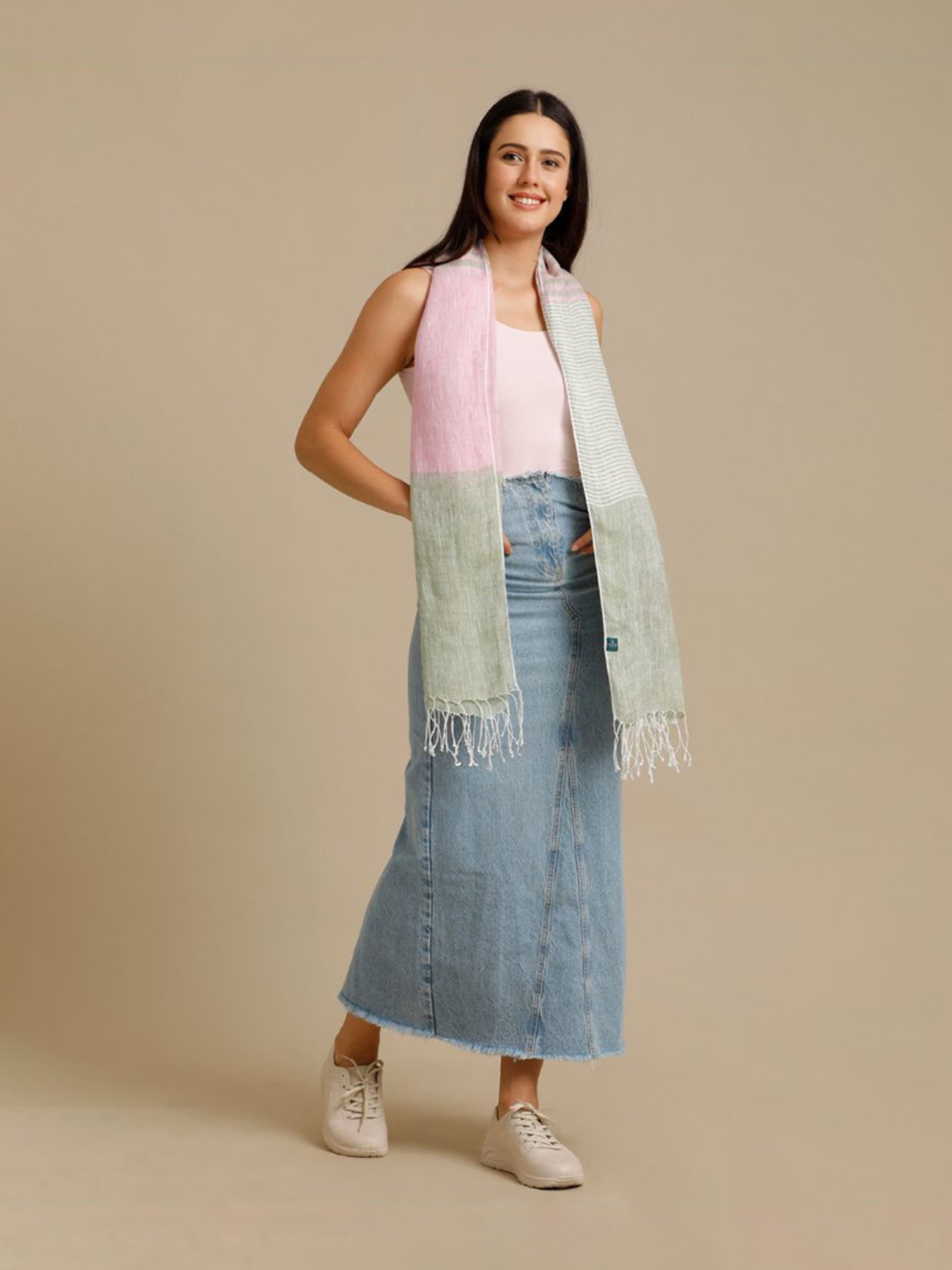 Linen Club Green Striped Pure Linen Stole