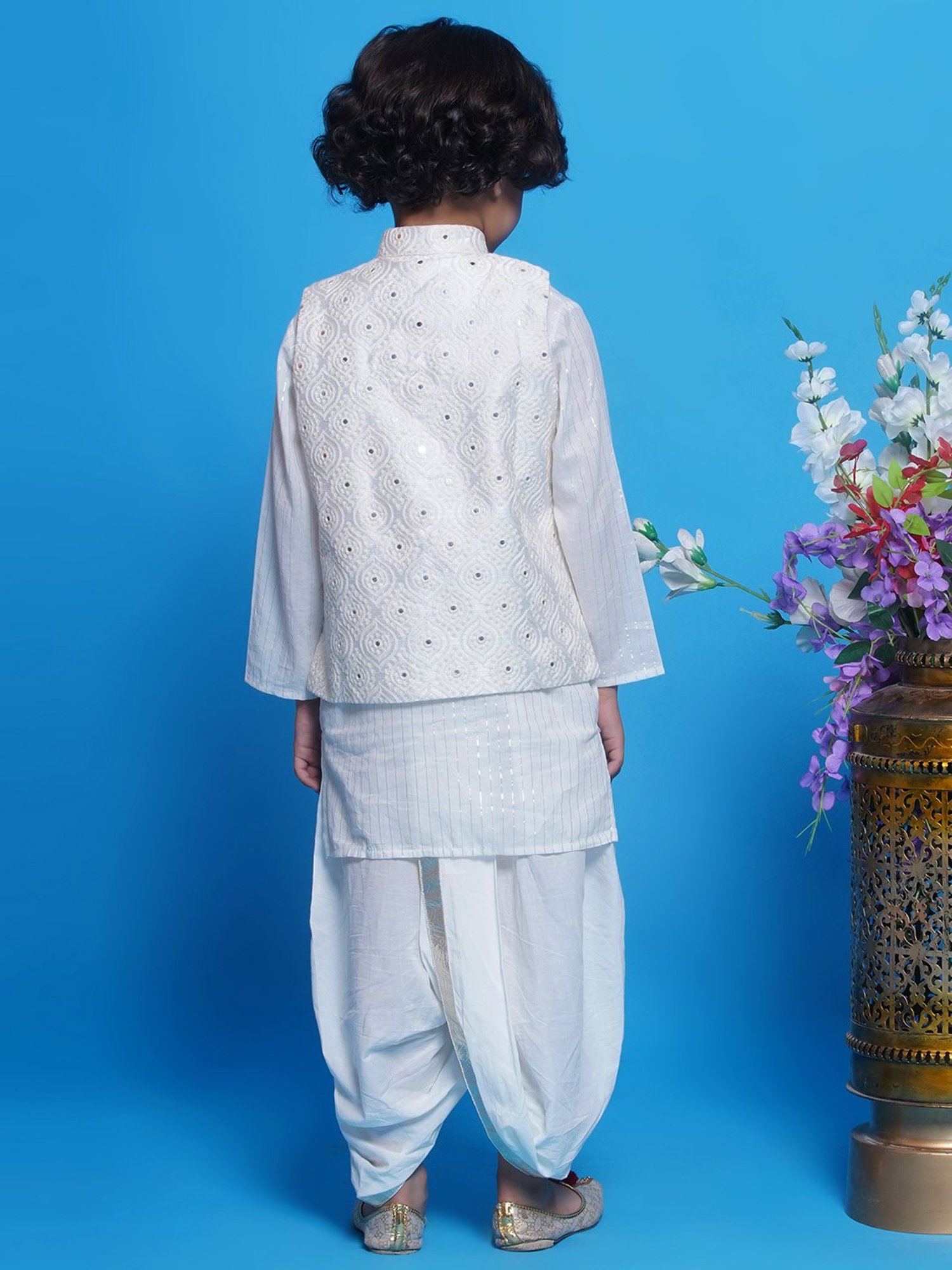 Little Bansi Kids Off White Embroidered Full Sleeves Kurta, Dhoti with Nehru Jacket