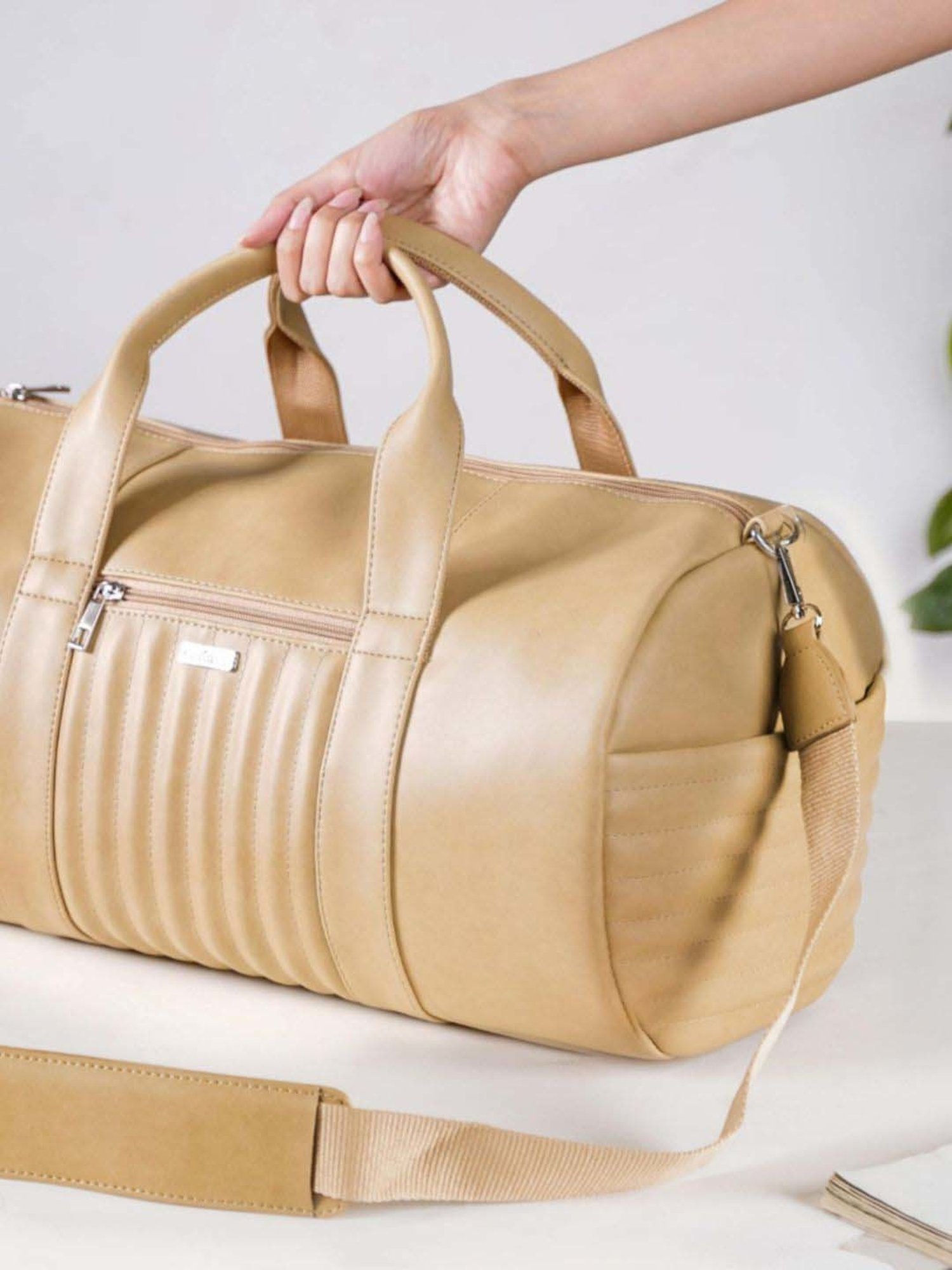 Nestasia Vegan Leather Large Size Beige Color Spacious Duffle Bag with Convenient Compartments