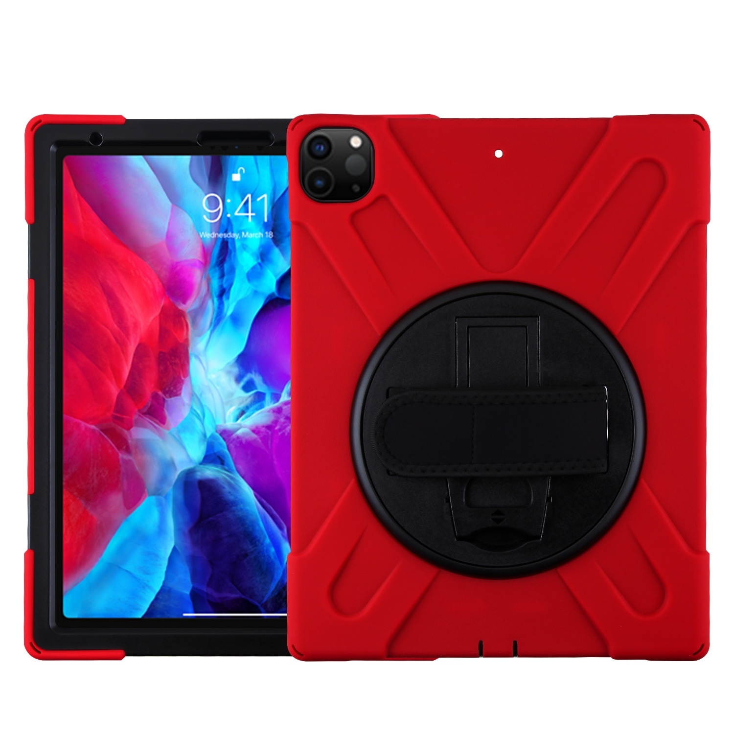 3-IN-1 Hybrid Armor Case with Hand Strap and Rotatable Stand for iPad Pro 12.9 inch (3rd, 4th and 5th Generation) - Red