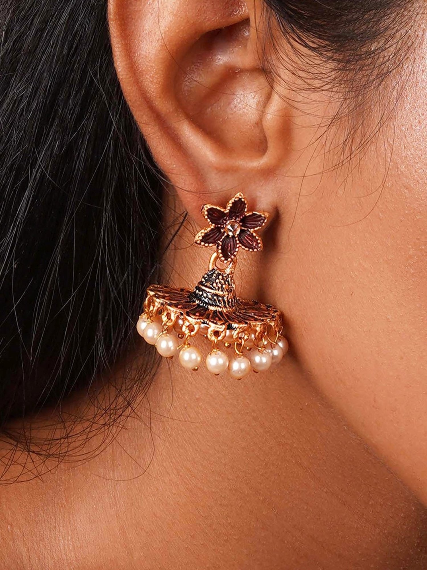Teejh Arika Maroon & Black Golden Enamel Jhumki Earrings