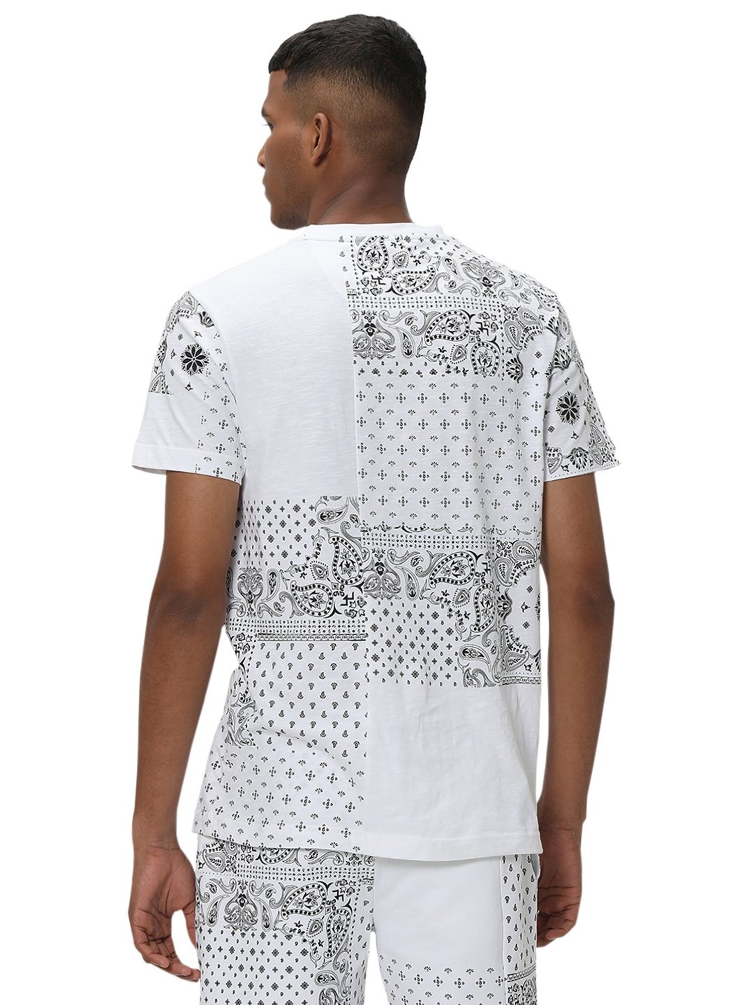 Mufti White Slim Fit Printed Cotton Crew T-Shirt