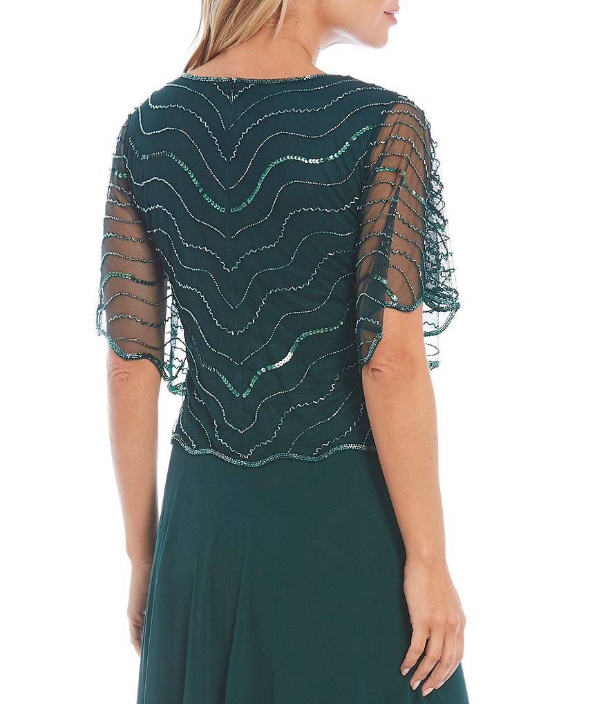 Jkara Beaded Bodice Round Neck Short Flutter Sleeve A-Line Gown