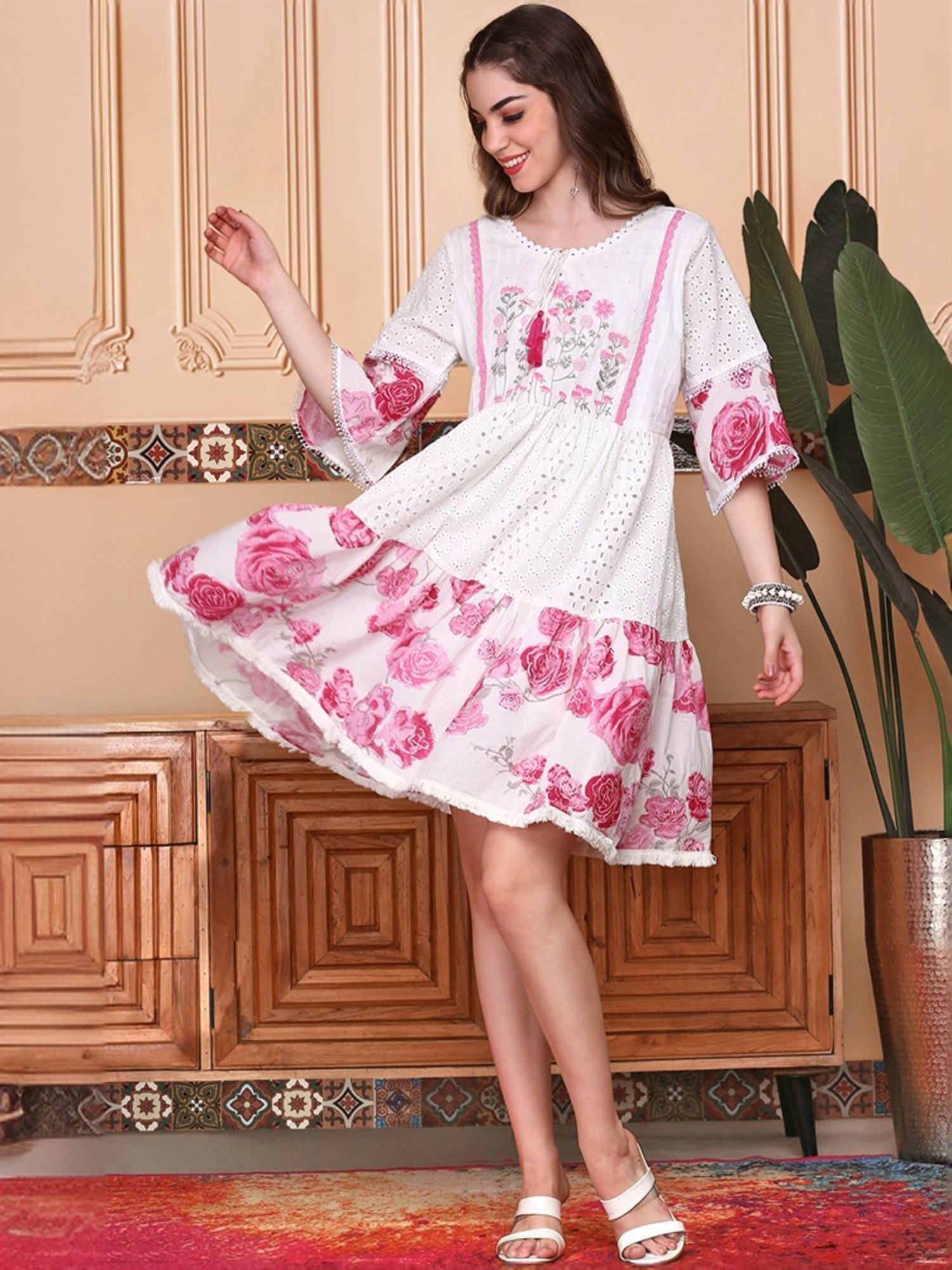 Ishin White & Pink Cotton Floral Print A-Line Dress