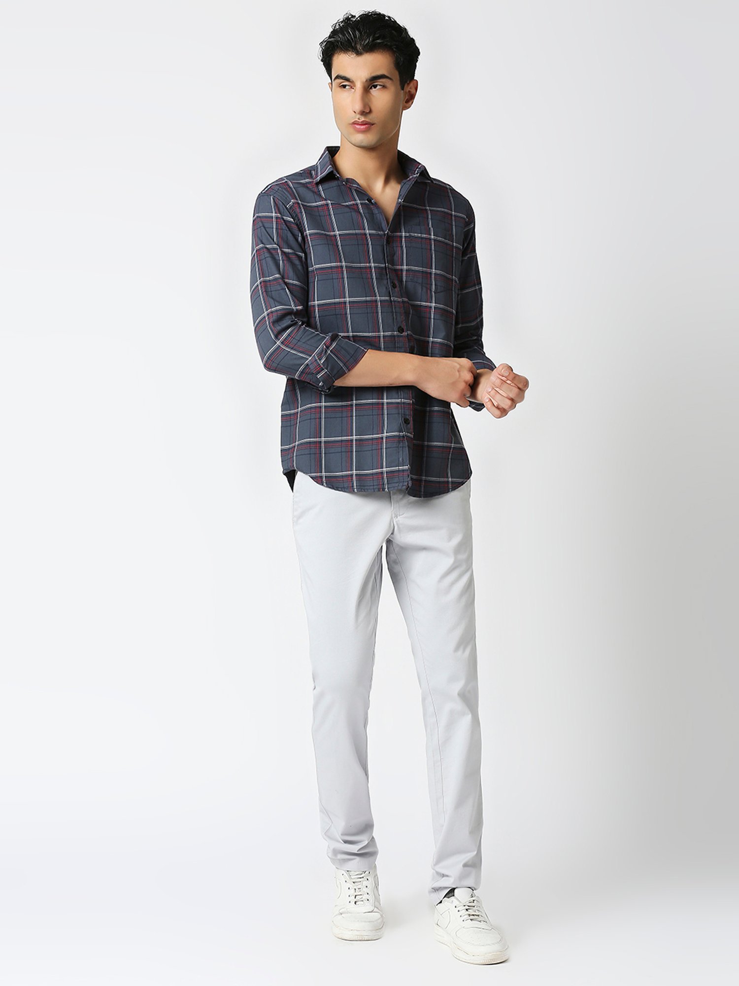 HJ HASASI Grey Slim Fit Check Cotton Shirt