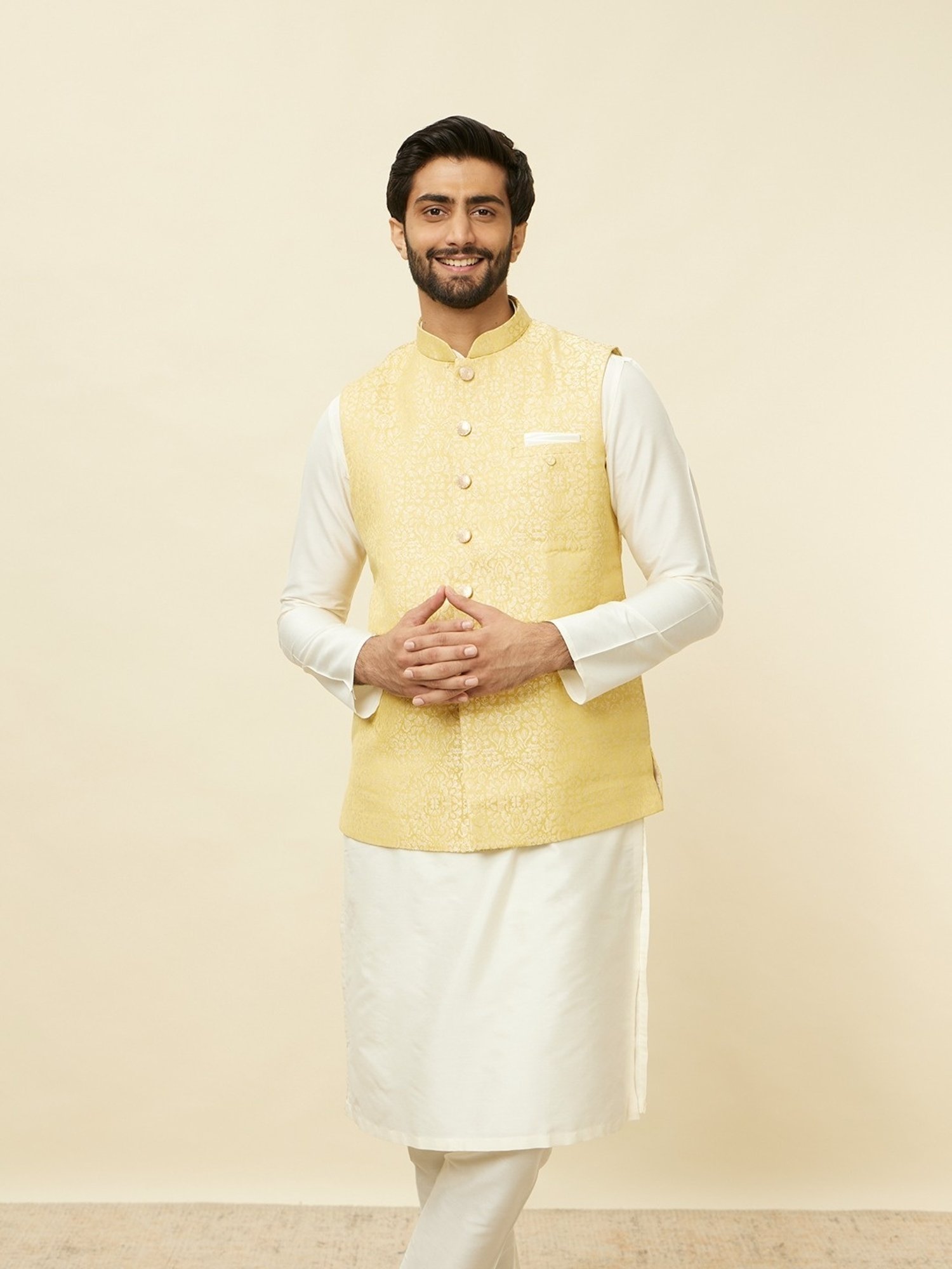Manyavar Yellow Regular Fit Self Pattern Nehru Jacket