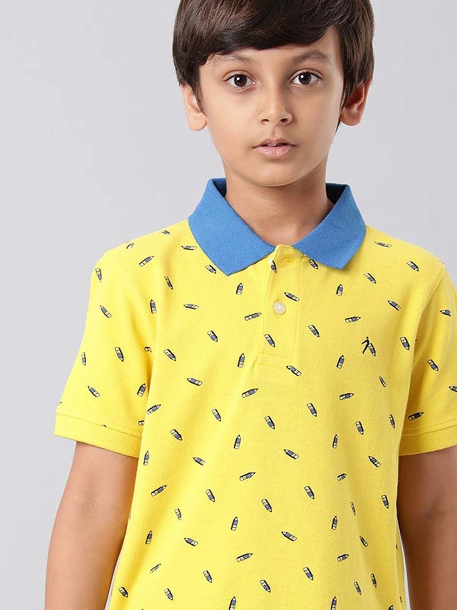 Indian Terrain Boys Yellow & Blue Cotton Printed Polo T-Shirt
