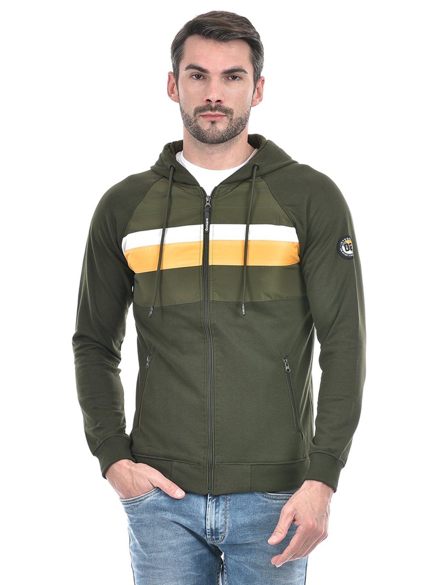Integriti Olive Regular Fit Striped Hooded Jacket