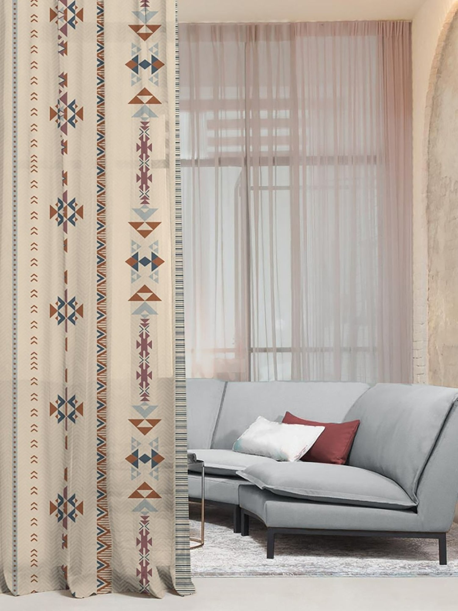 SPACES DRAPE STORY Boho Digital Print Beige Polyester 5 ft Window Curtains - Set of 2