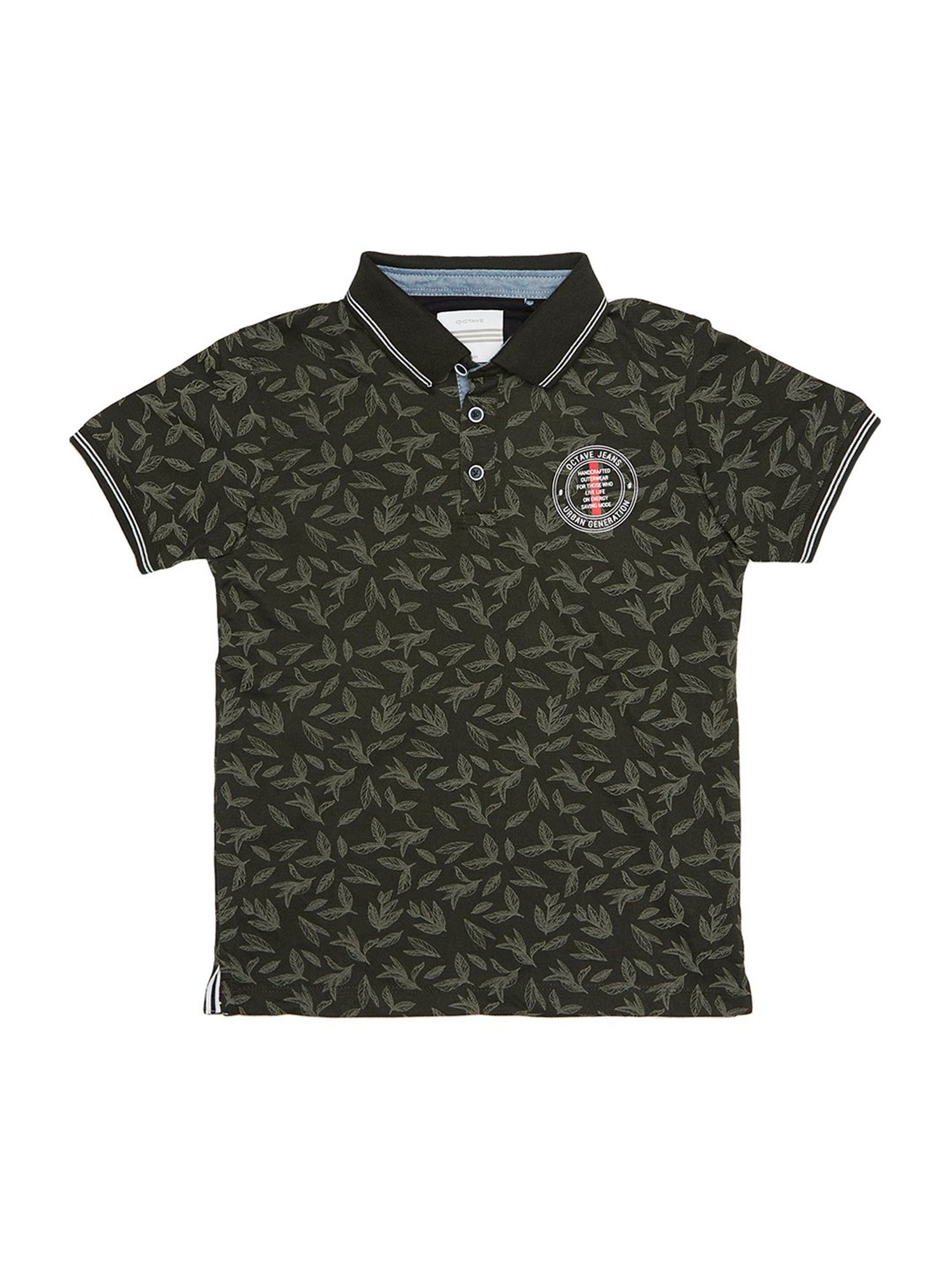 Octave Kids Dark Olive Cotton Floral Polo T-Shirt
