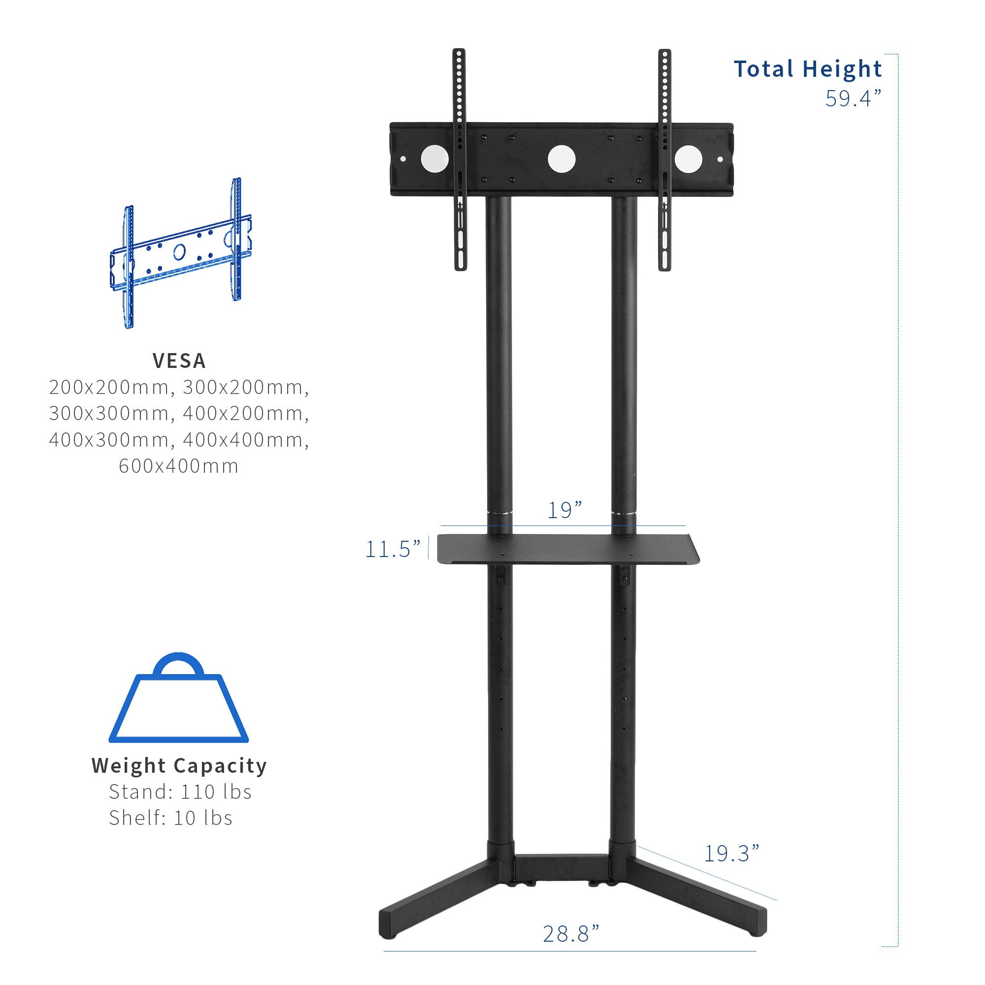 VIVO Black TV Floor Stand for 32" to 65" LCD LED Plasma Flat Panel Screens, Height Adjustable with Shelf (STAND-TV03N)