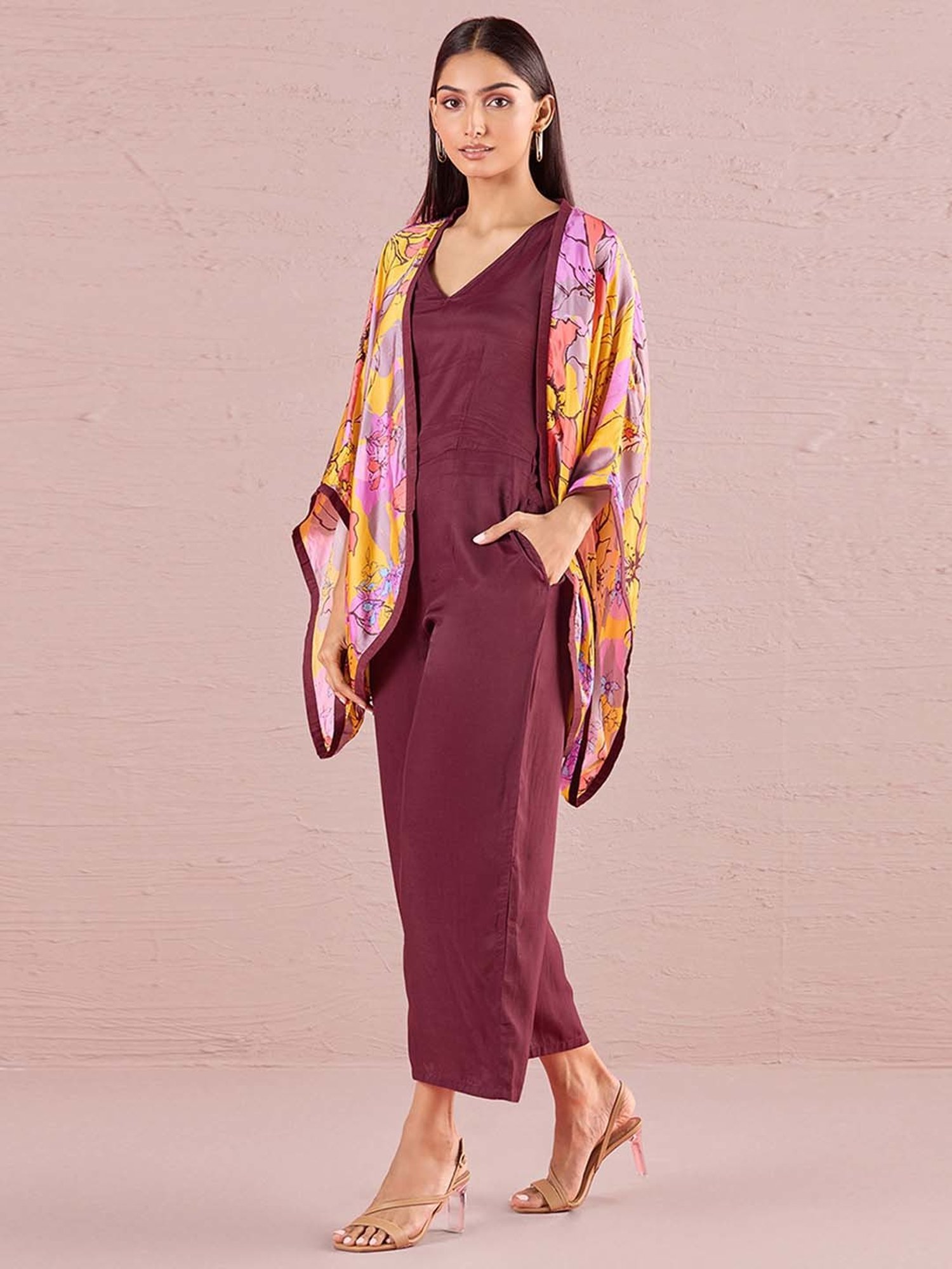navyasa by liva Maroon & Yellow Printed Jumpsuit With Shrug