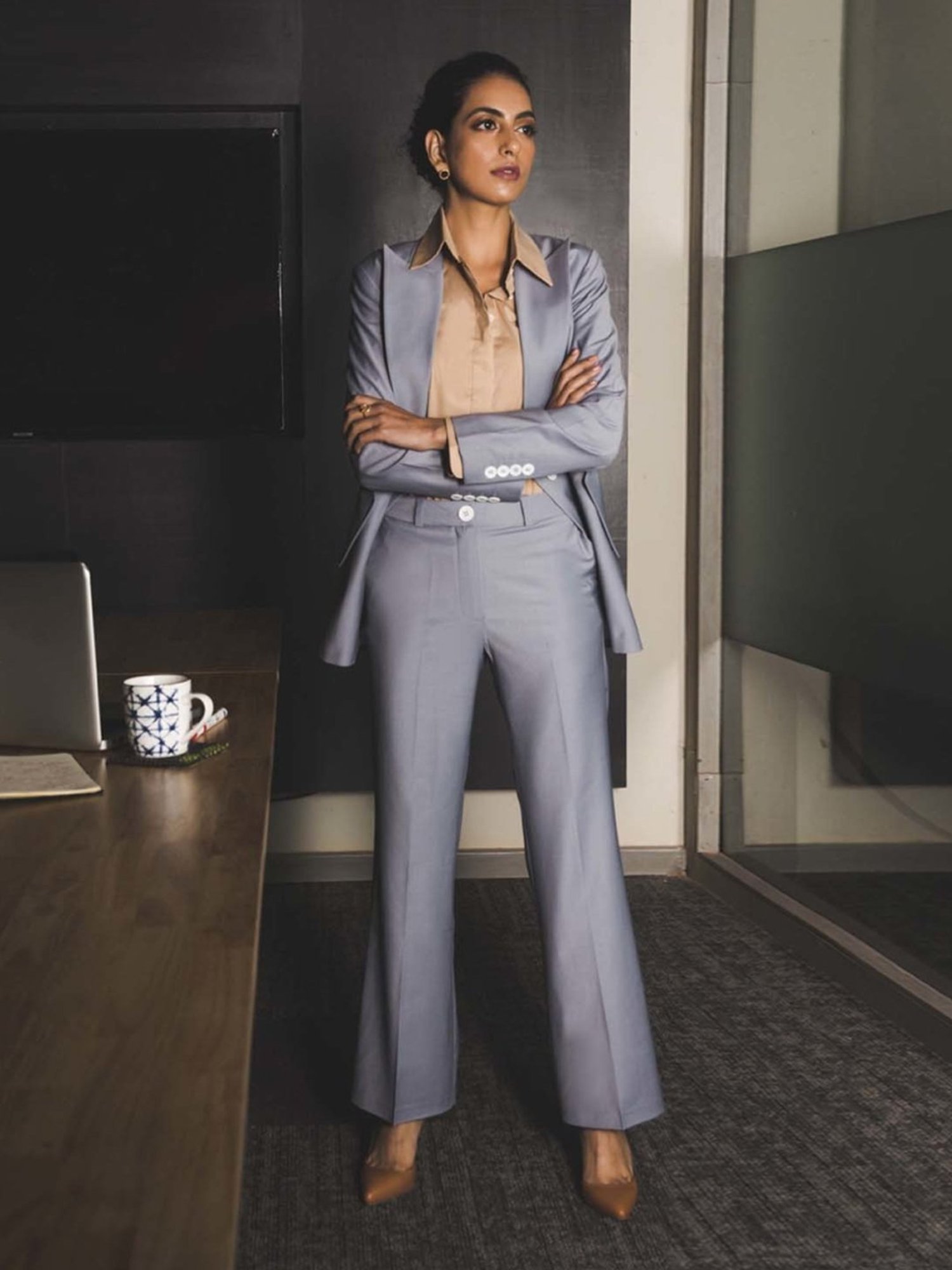 Qua Grey Stretch Wool Tailored Trousers