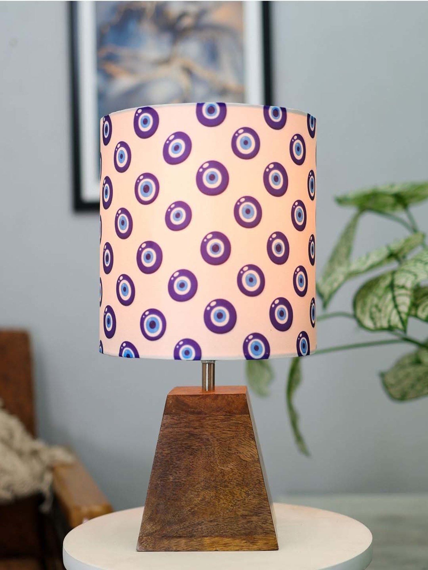 Homesake Turkish Evil Eye Multicolor Wood Pyramid Table Lamp with Fabric Lampshade