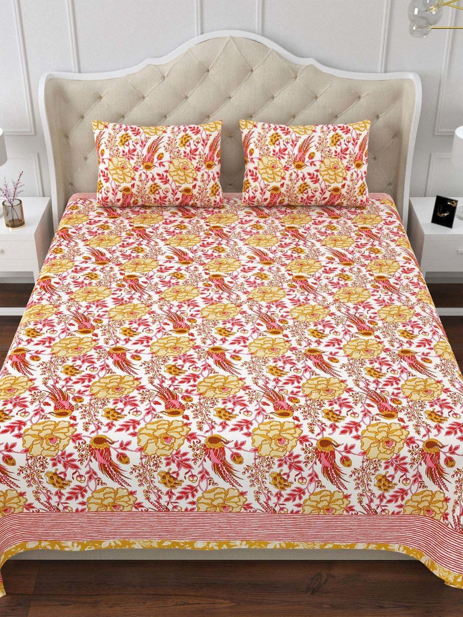Aapno Rajasthan Ranthambore Reminiscence Pink & Yellow Cotton Double Bedsheet With 2 Pillow Cover