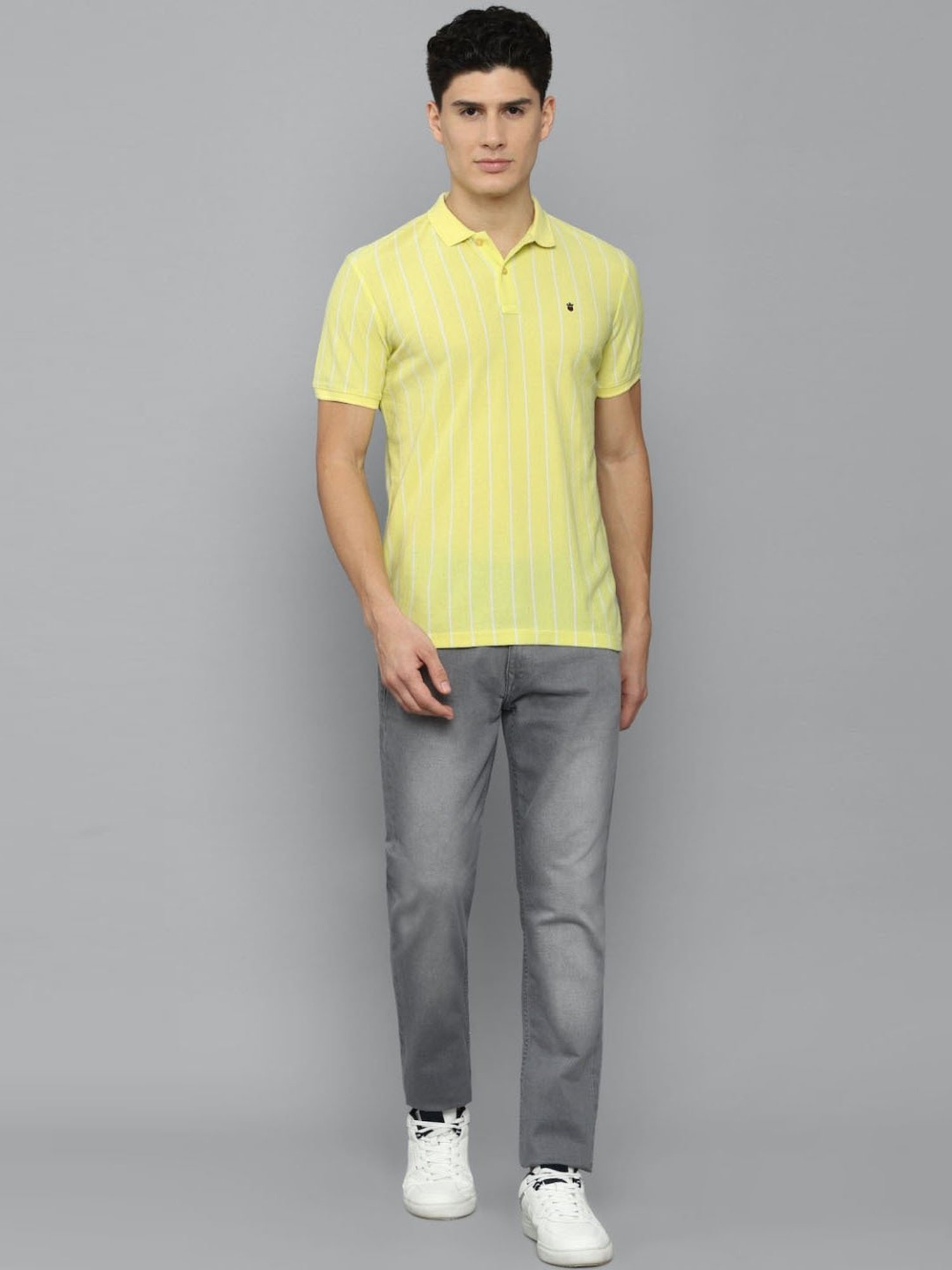 Louis Philippe Sport Yellow Cotton Slim Fit Striped Polo T-Shirt