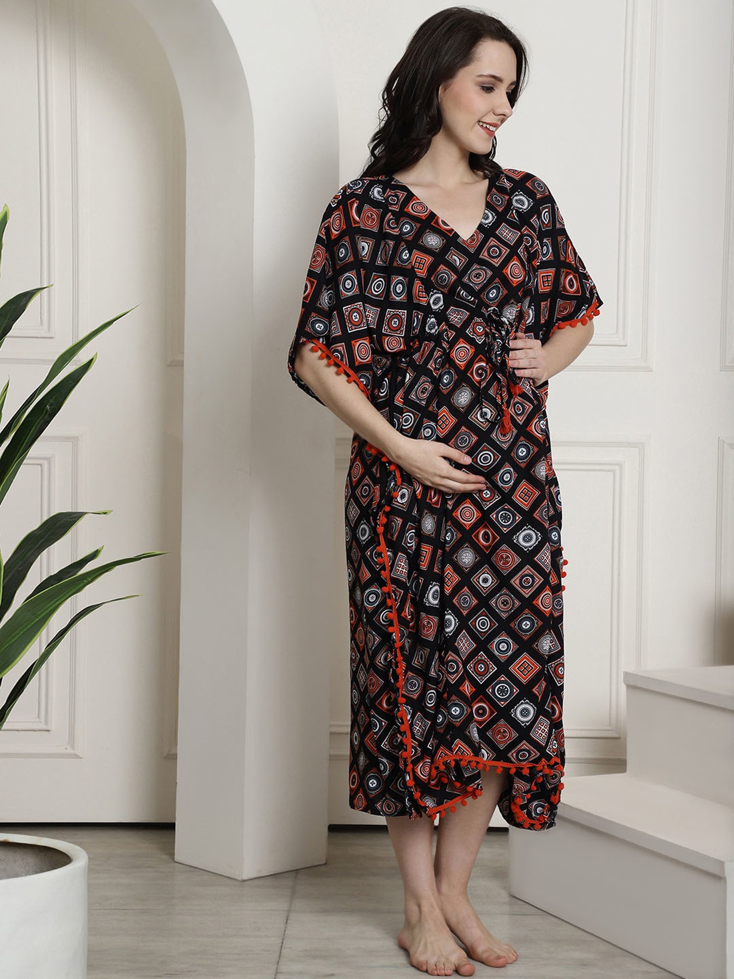 Secret Wish Black Printed Maternity Kaftan Nighty