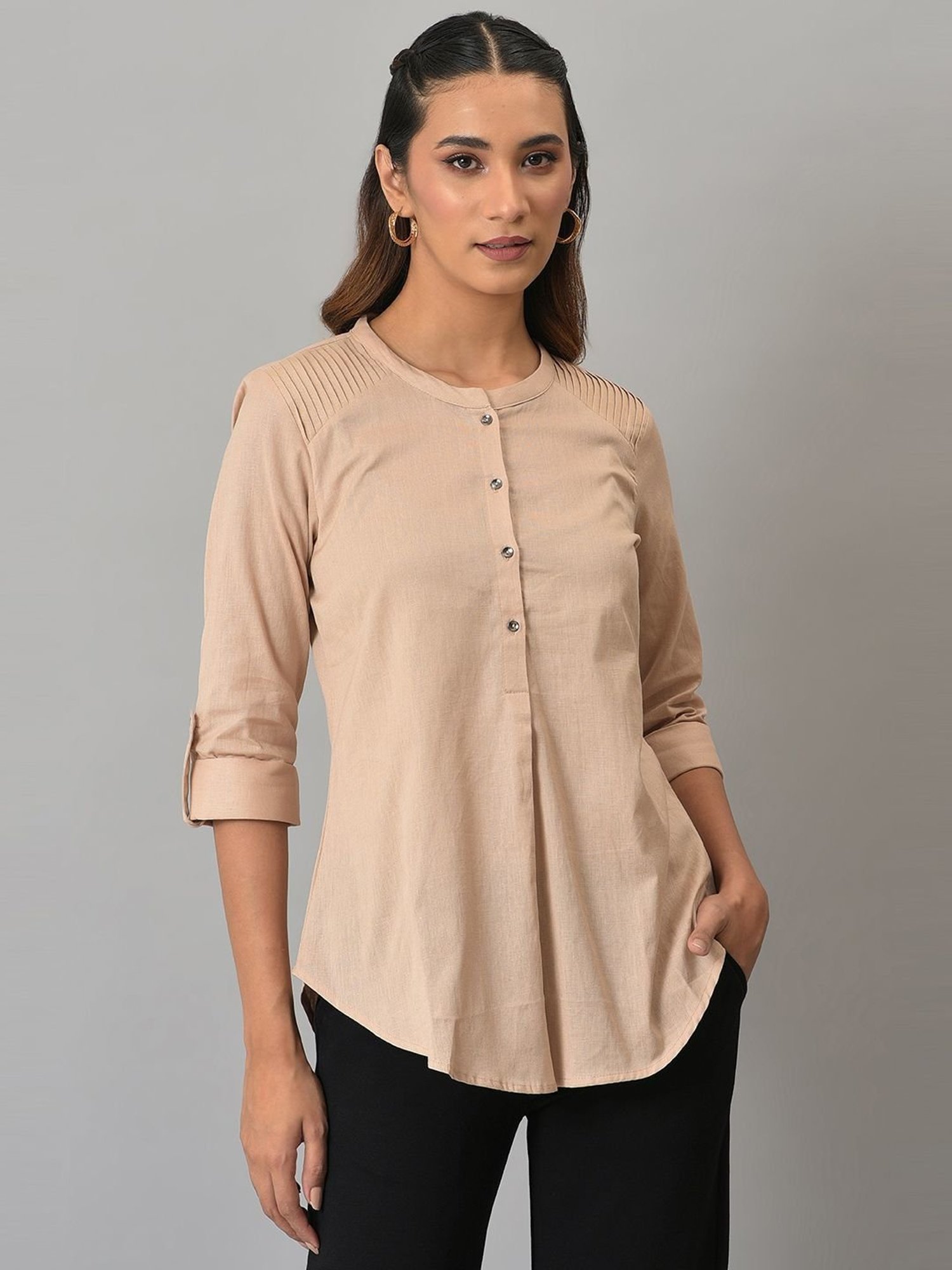 W Beige Cotton Regular Fit Top