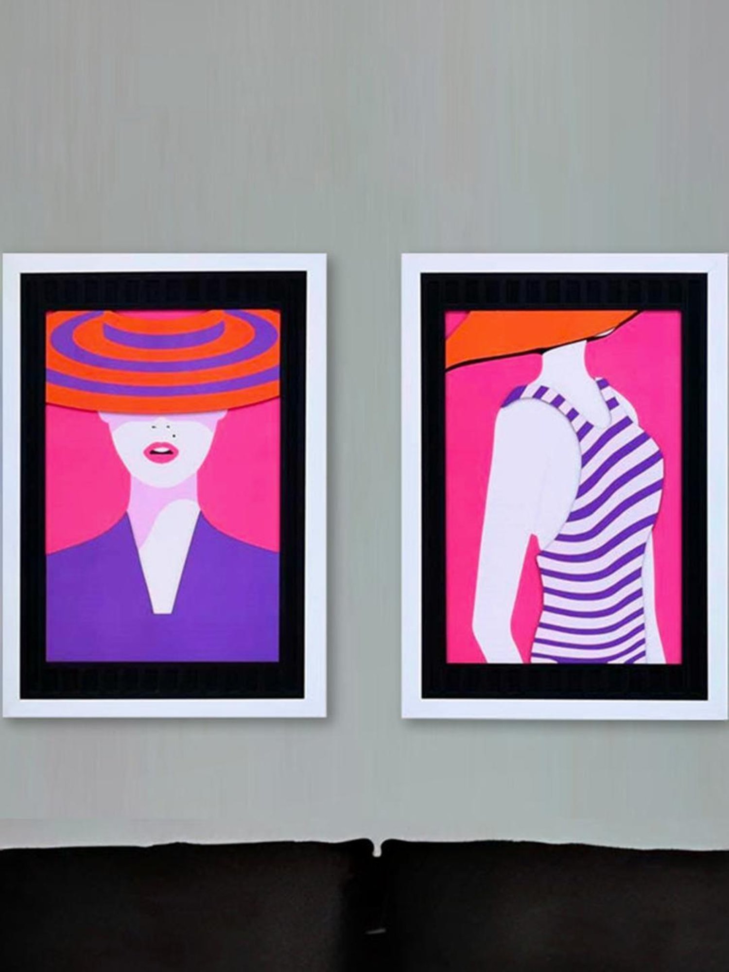 @Home Pink & Blue Mdf Lady In Hat 3D Wall Paintings - Set of 2