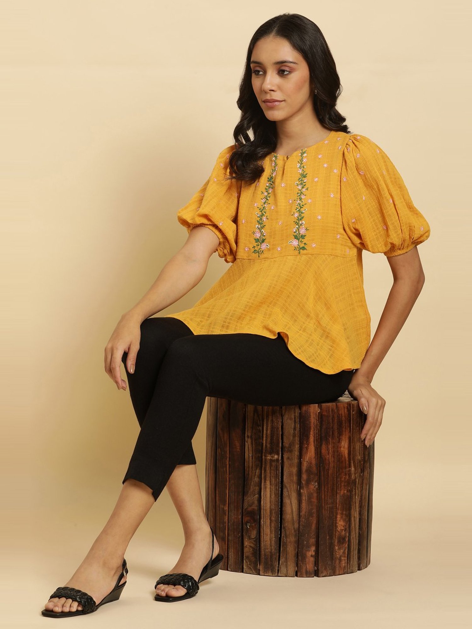 W Yellow Cotton Embroidered Top
