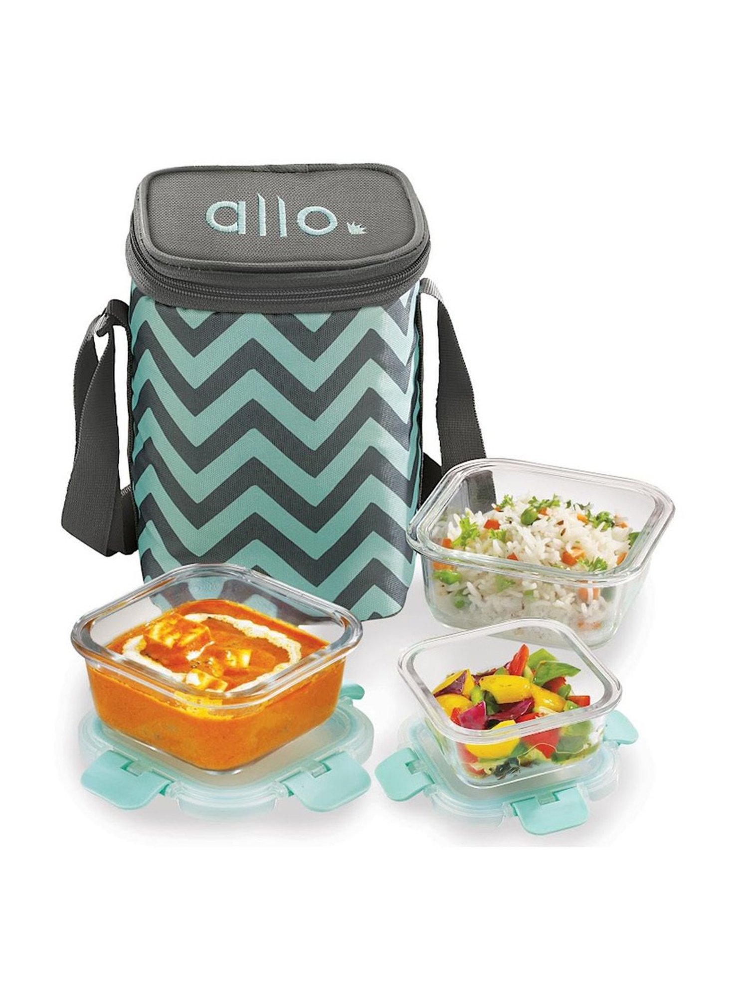Borosilicate Glass Lunch Box Microwave Oven Safe with Detachable Lock and Chevron Mint Tiffin Bag