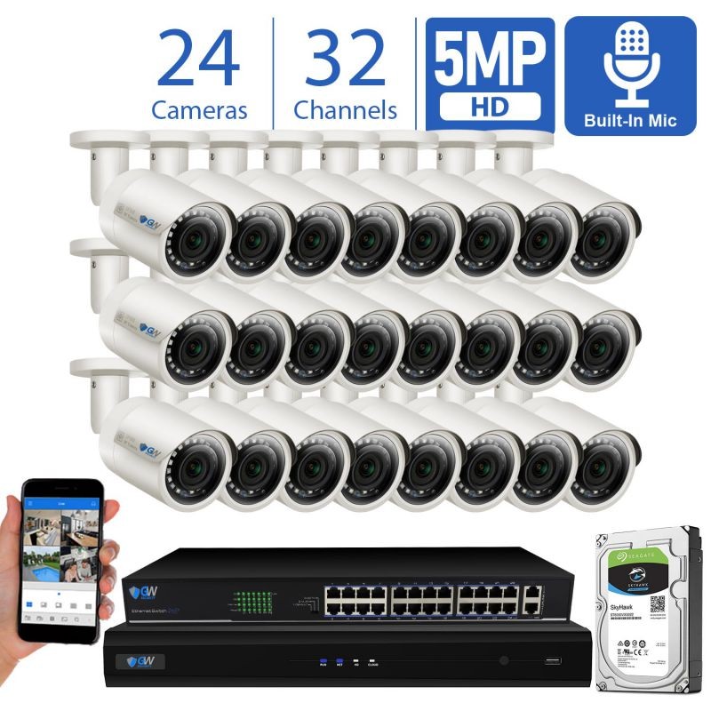 GW Smart AI PoE IP Video & Audio Security Camera System, 32CH 4K NVR with 24 x 5MP 1920P IP Bullet Camera, Day/Night Weather Proof, Human Detection, 8TB