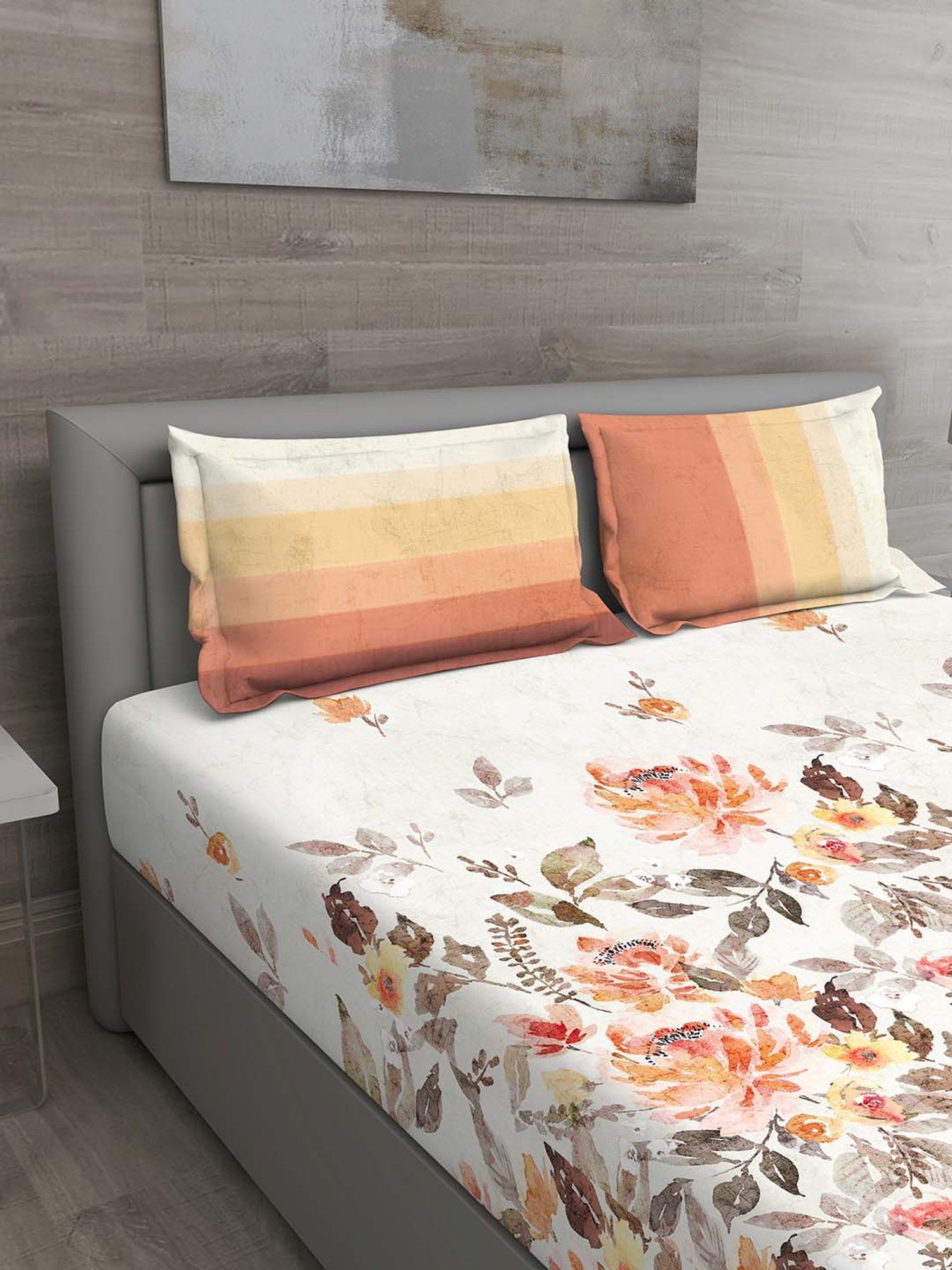 GM White & Orange 100% Cotton 144 TC Queen Bedsheet Set