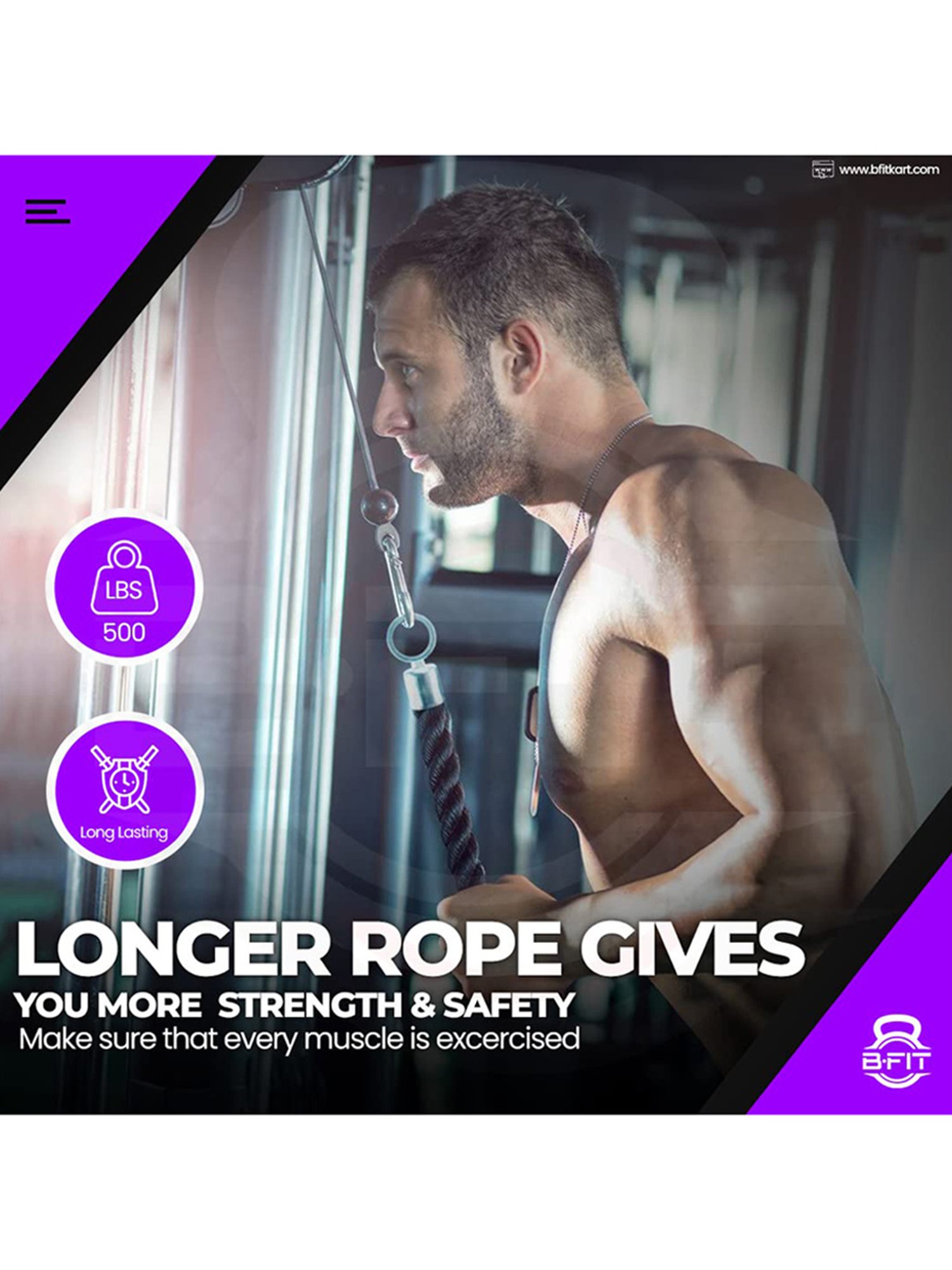 B Fit GH7149 Nylon 14.5" Single Grip Pull Down Bicep Cable Attachment Exercises Tricep Rope (Black)