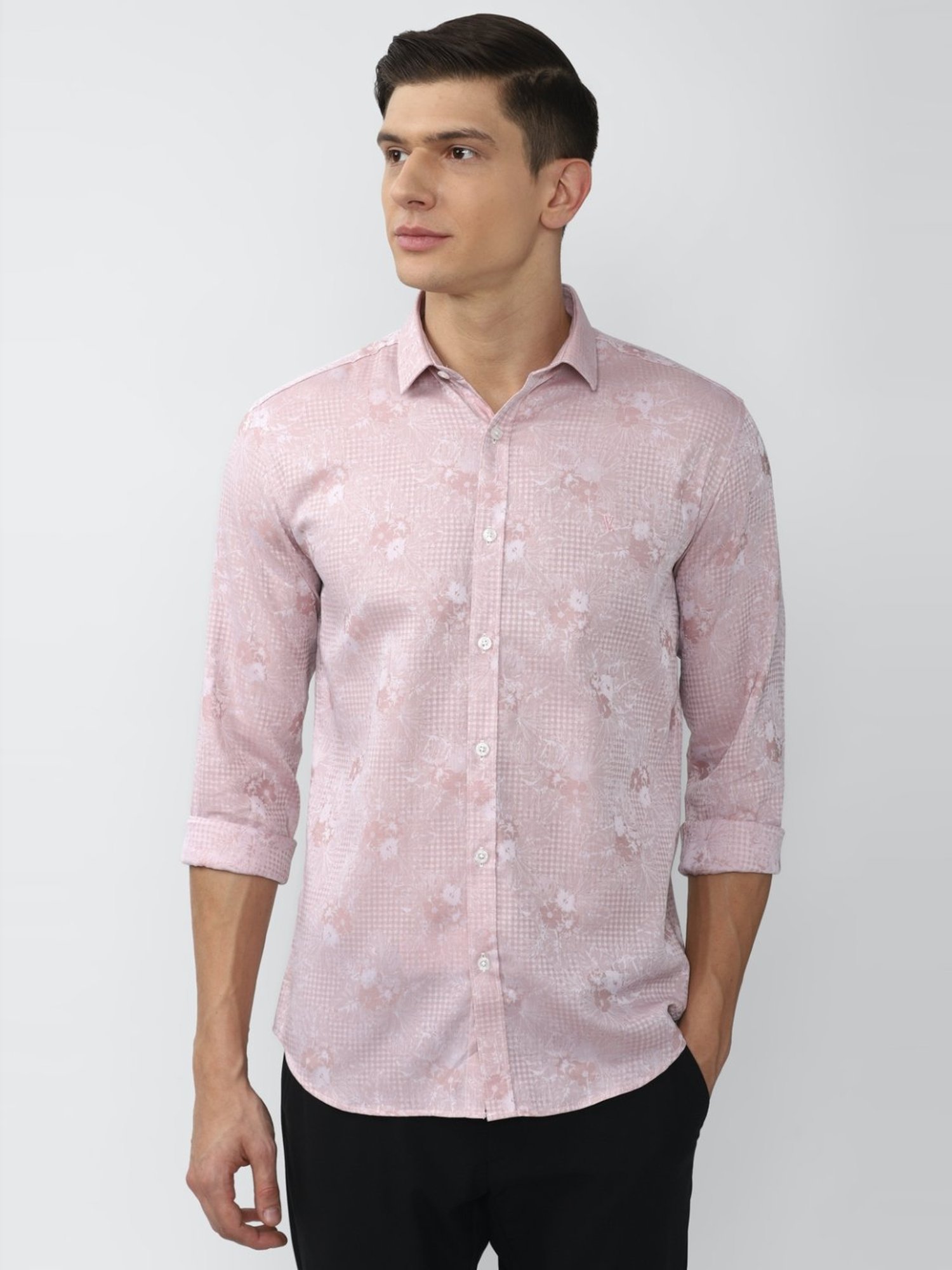 V Dot Pink Cotton Slim Fit Printed Shirt