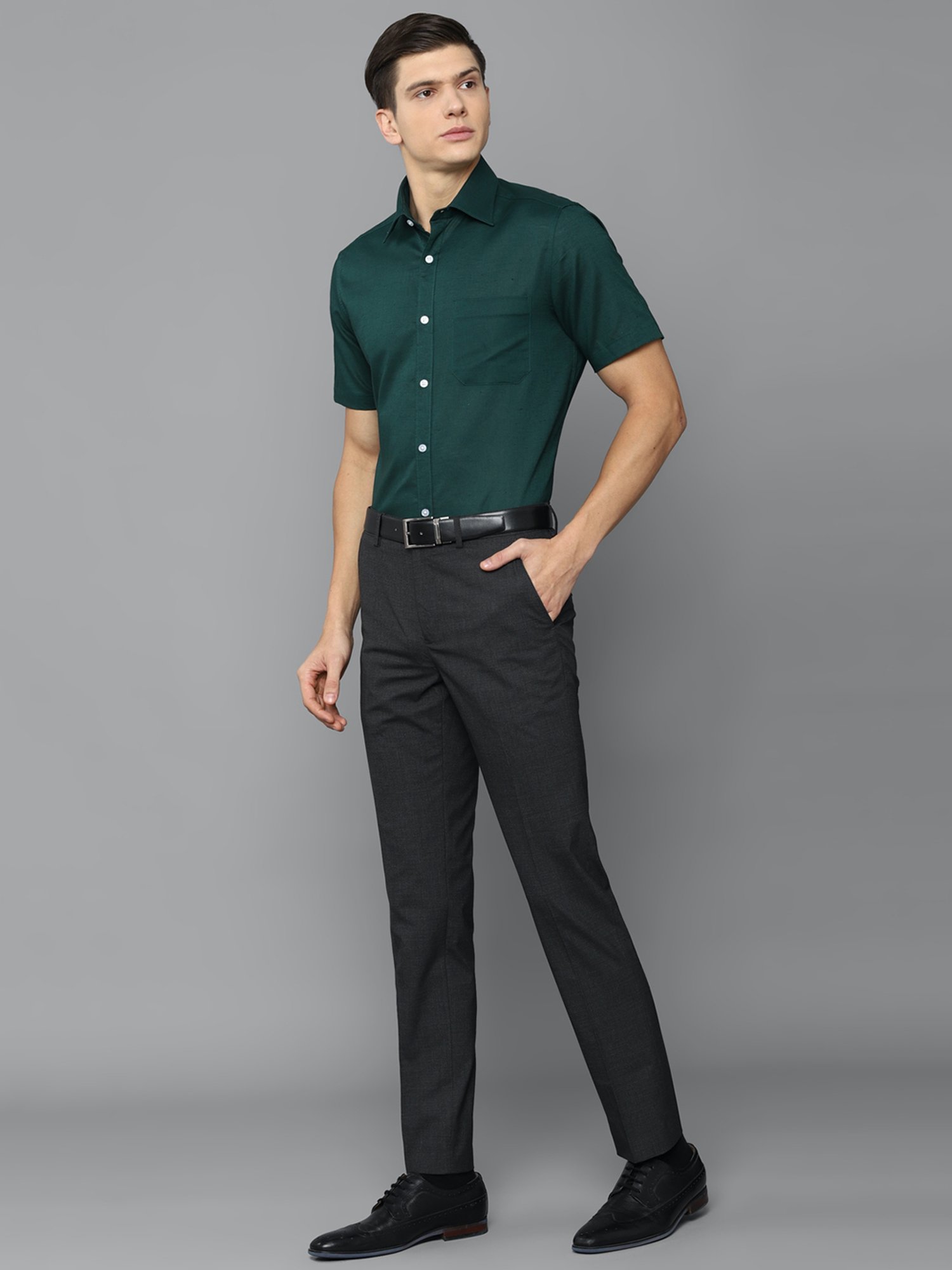 Louis Philippe Dark Grey Slim Fit Flat Front Trousers