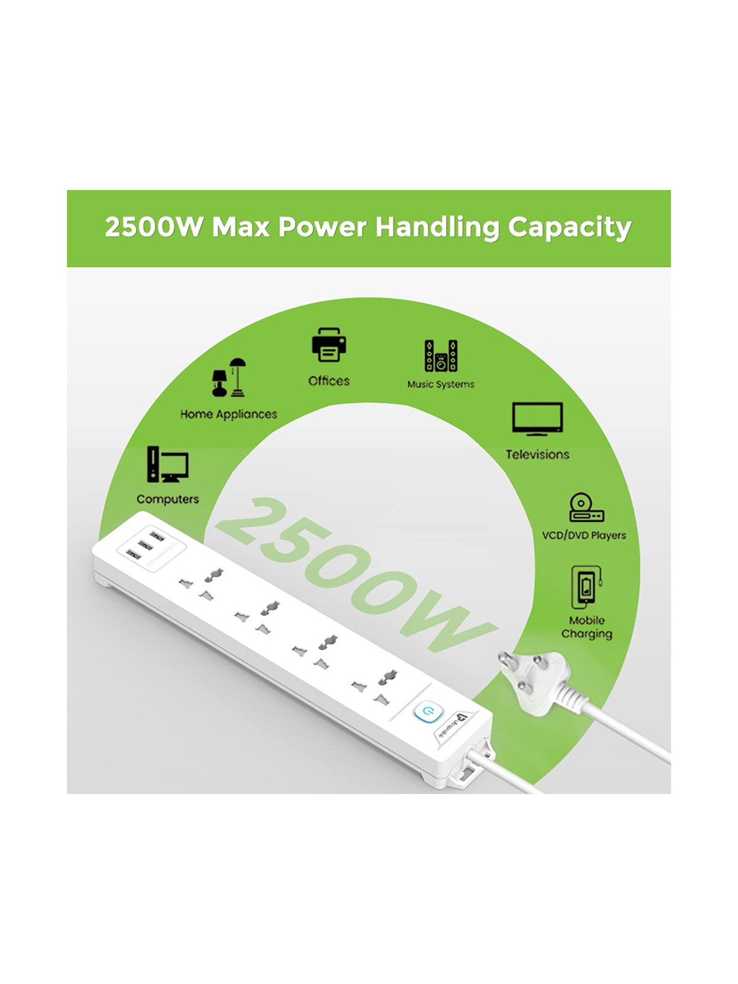 UltraProlink UM1049U Surge Protector 350J with 4 Sockets 3 USB Ports 2500W 2m Cable + Master Switch