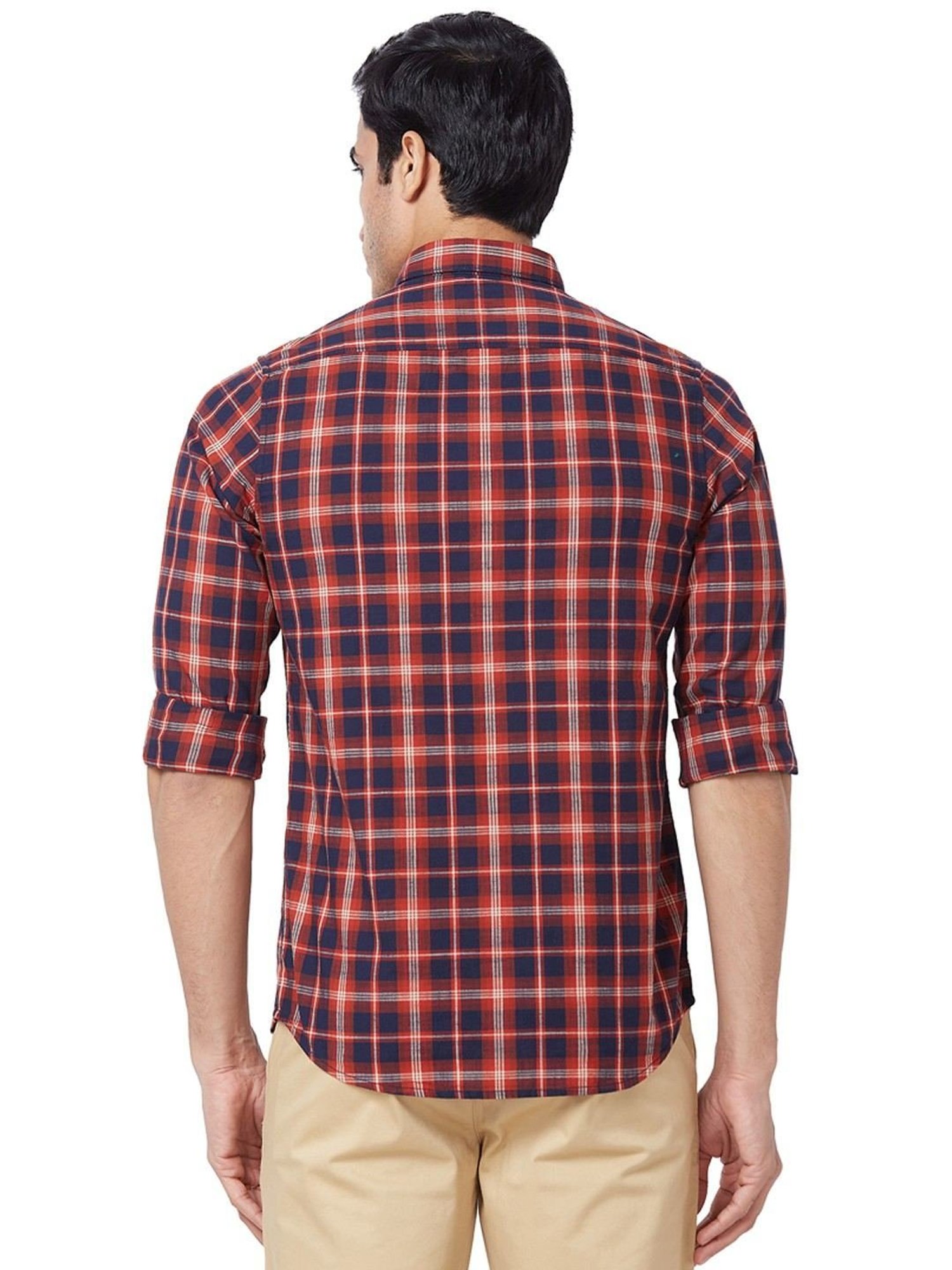 ColorPlus Red Cotton Contemporary Fit Checks Shirt