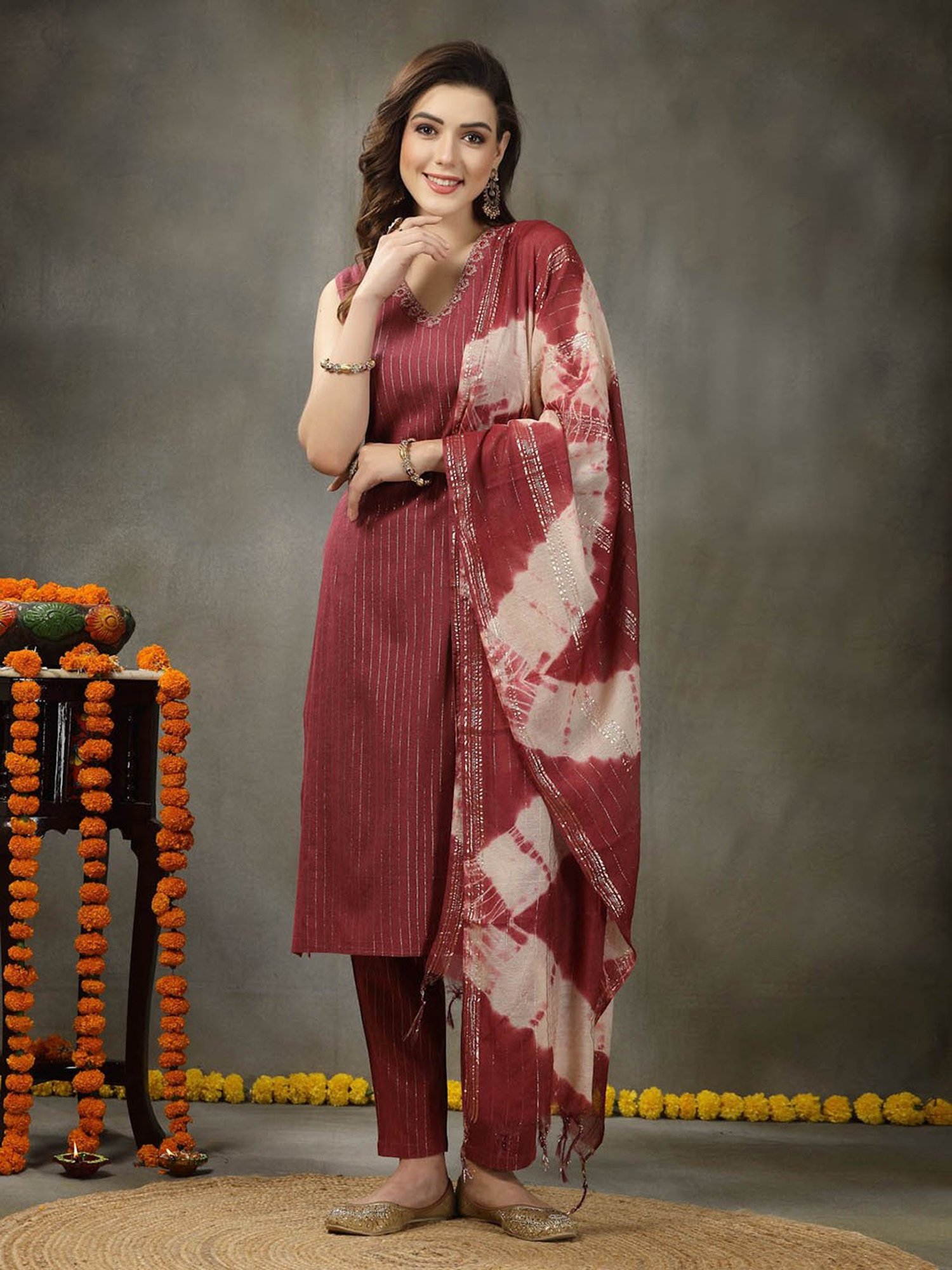 Stylum Maroon Embroidered Kurta With Pant & Dupatta