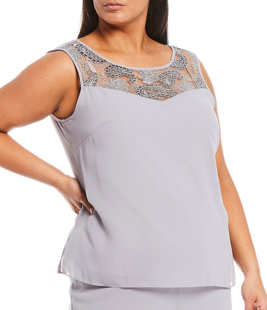 Le Bos Plus Size Crew Neck 3/4 Sleeve Chiffon Embroidered 3-Piece Pant Set