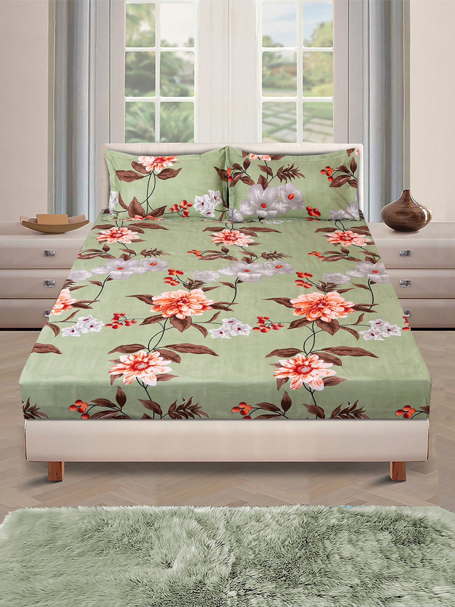 Romee Green Microfibre Floral Bed Sheets