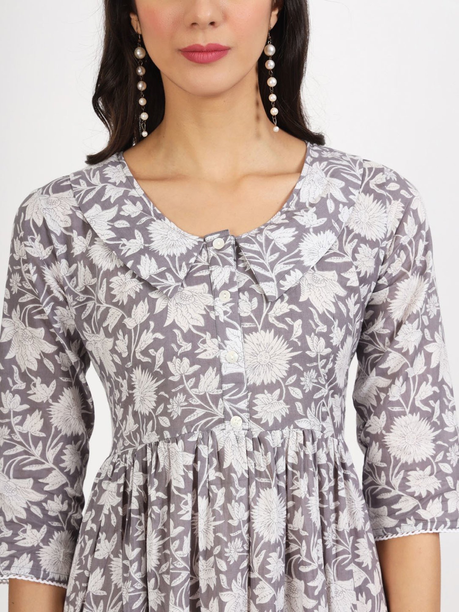 Divena Grey Floral Print Ethnic Dress
