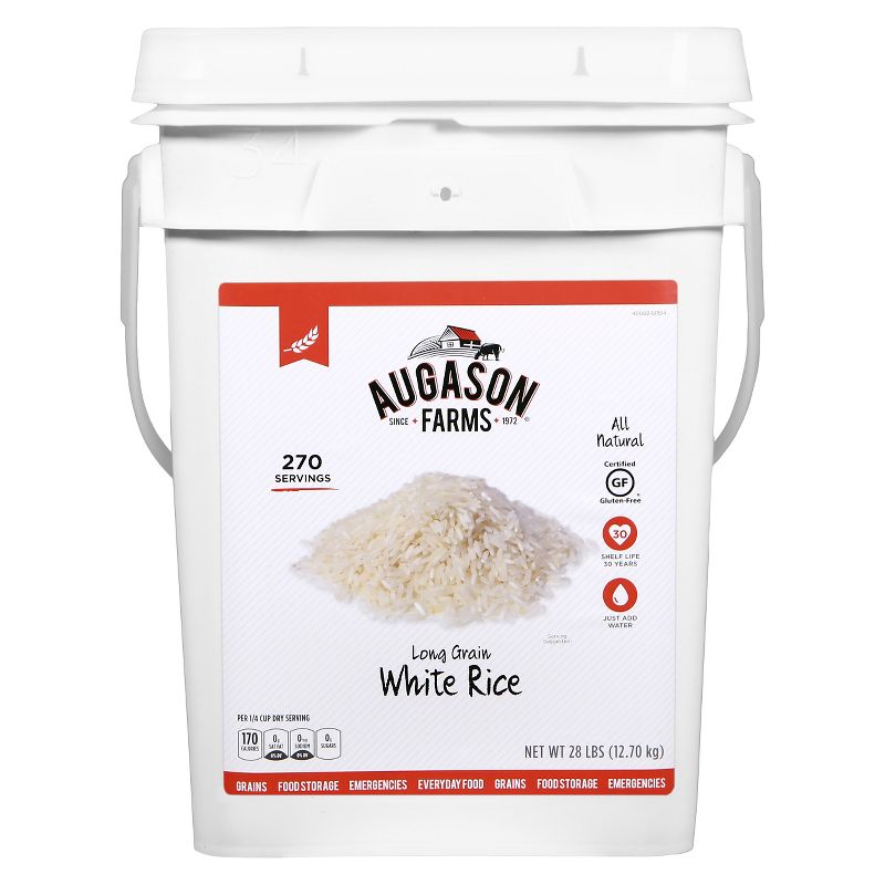 Augason Farms Gluten Free Long Grain White Rice Paul - 28lb