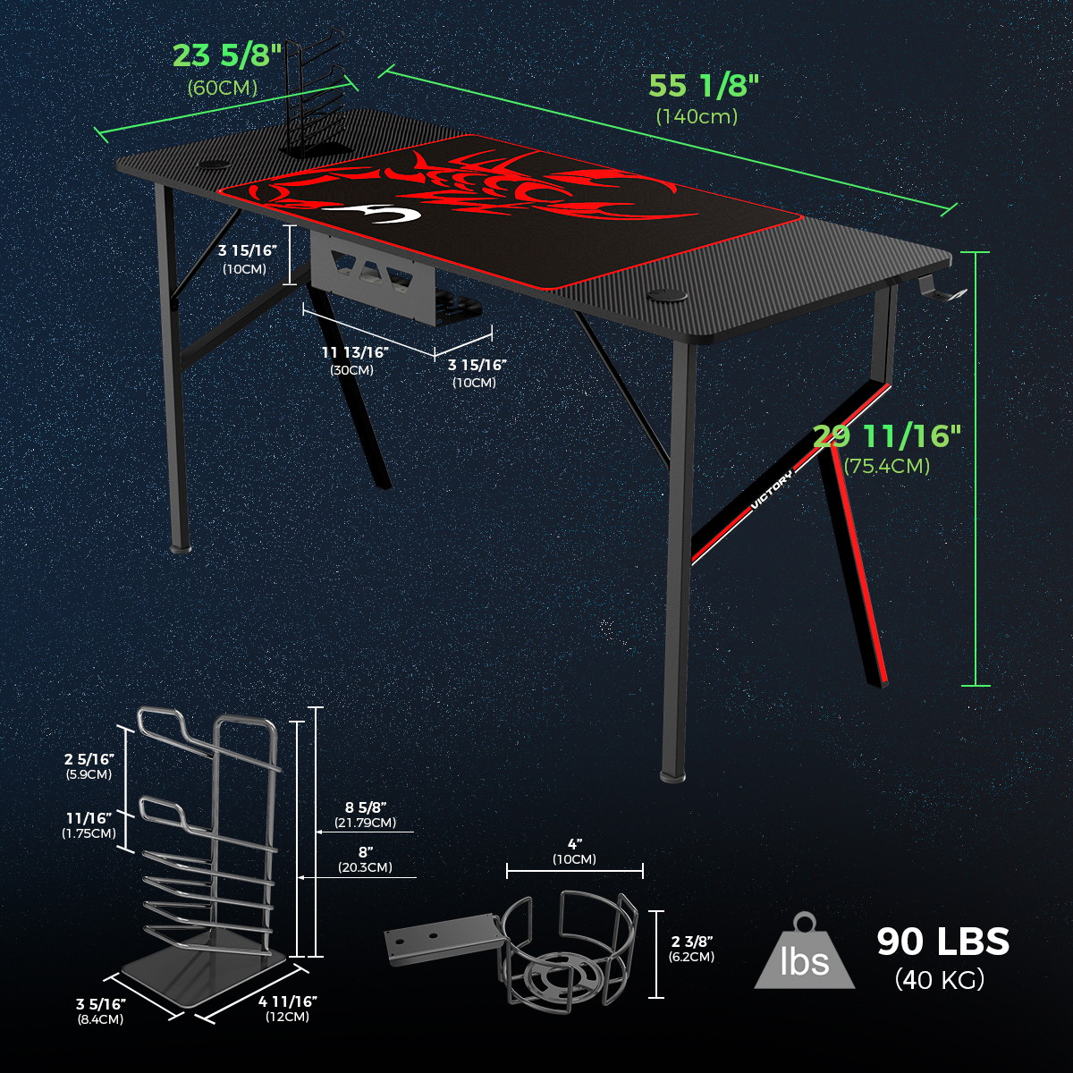 EUREKA ERGONOMIC Gaming Desk 55" K Shaped Large Home Office Gaming Computer Table, with Controller Stand Cup Holder Headphone Hook Free Mousepad, Black