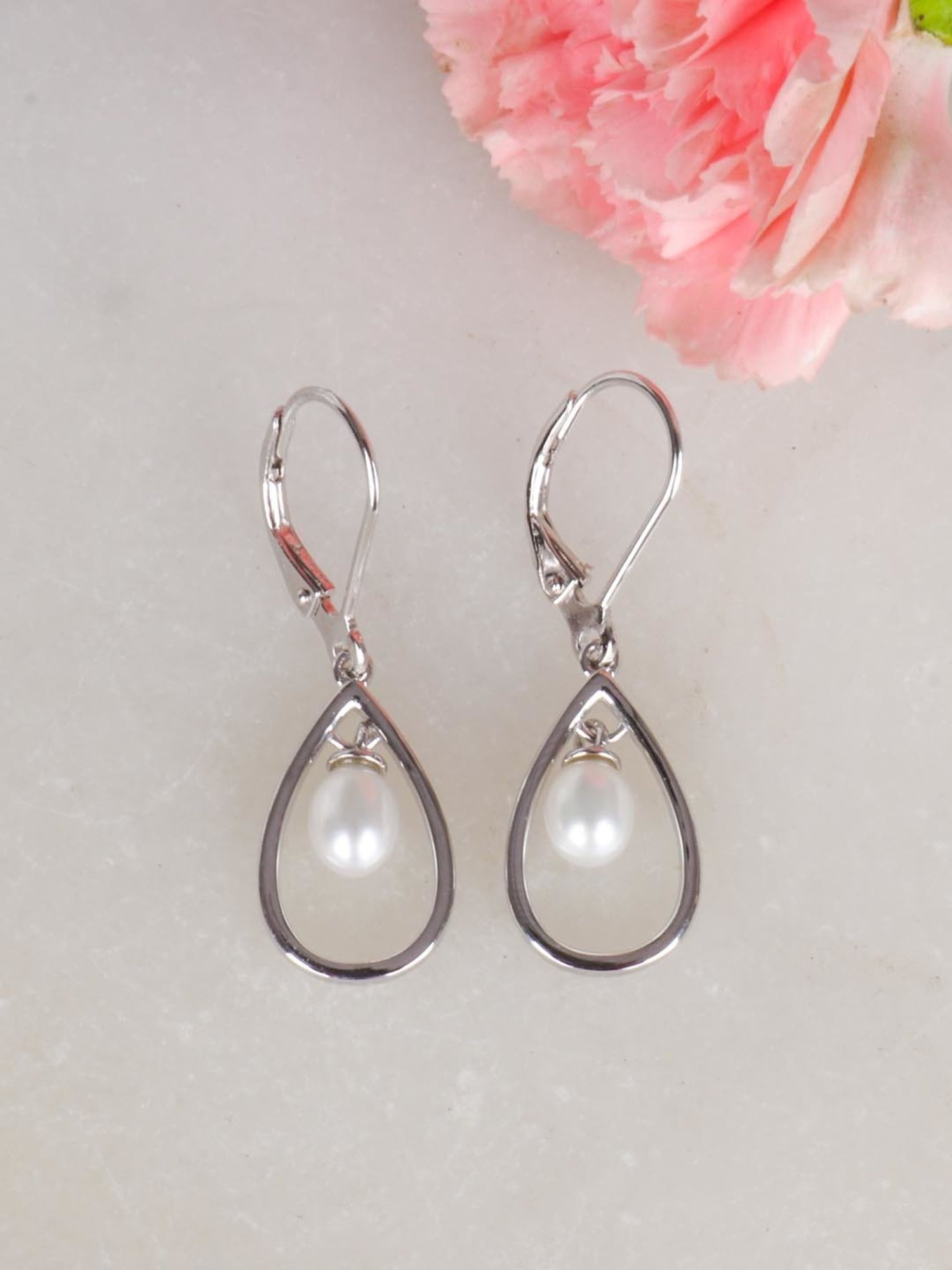 925 Silver Freshwater Pearl Drop Hoops Earrings for Women & Girls