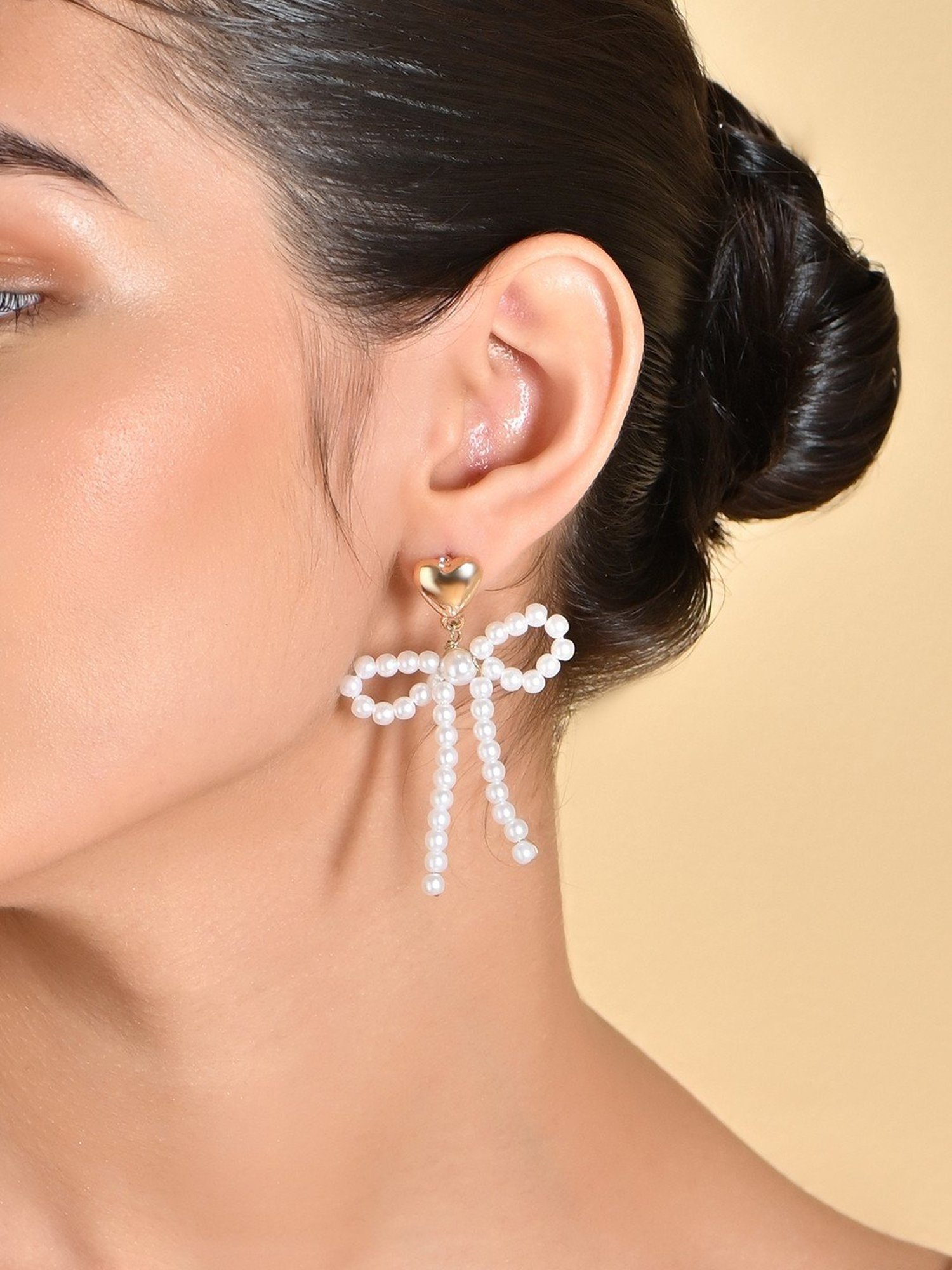 ToniQ White Korean Bow Drop Earrings for Women