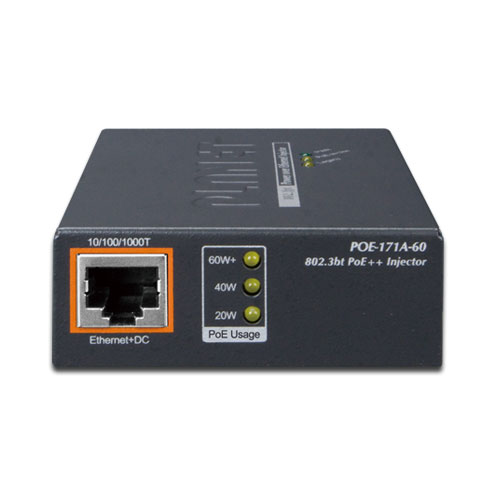 Planet POE-171A-60 Single-Port 10/100/1000Mbps 802.3bt Ultra PoE Injector (60 Watts, Legacy mode support, PoE Usage LED) w/ external power adapter