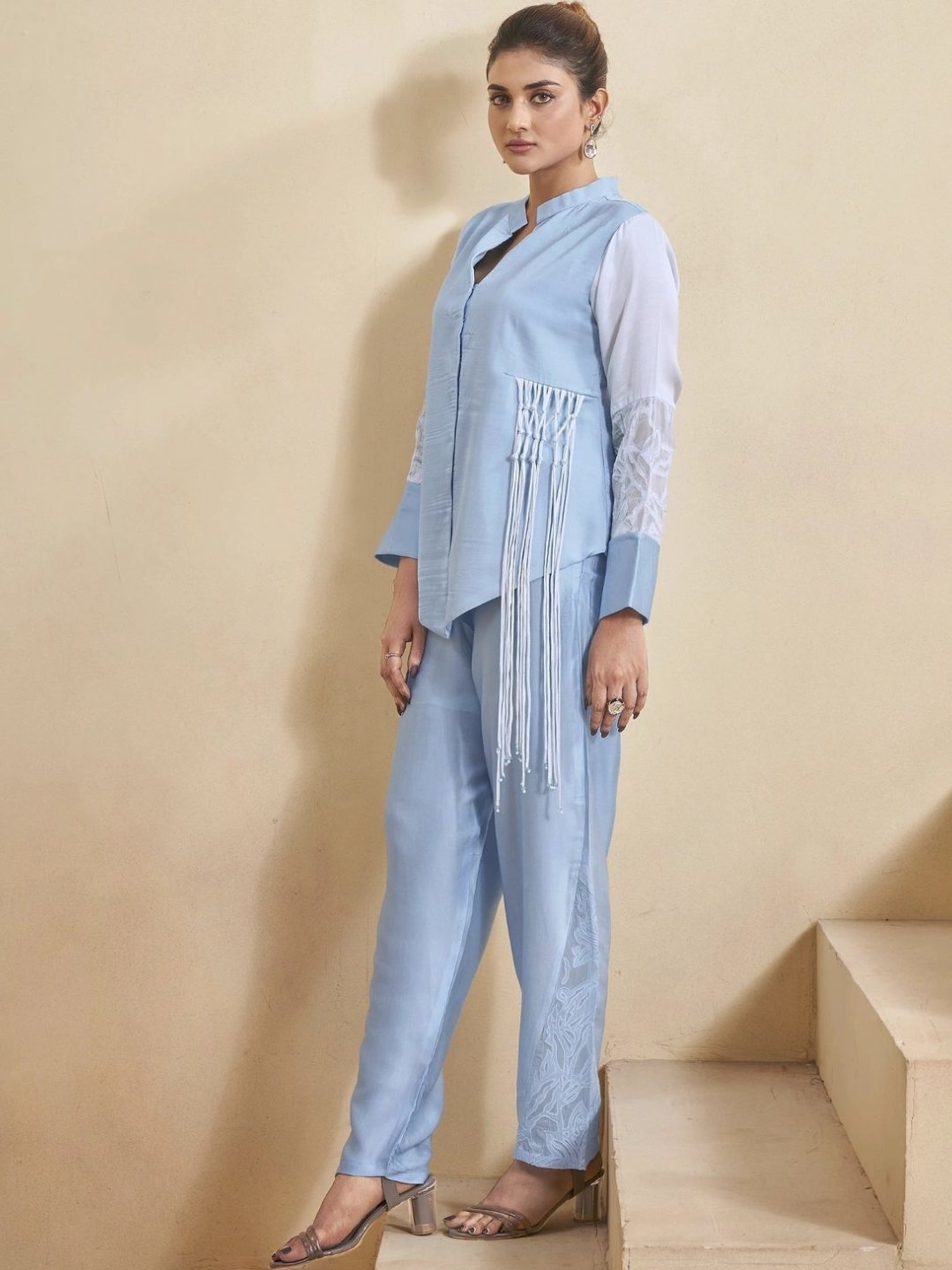 Kaftanize Blue Lily Bliss Ensemble Cotton Satin Top with Pant Co-Ord Set