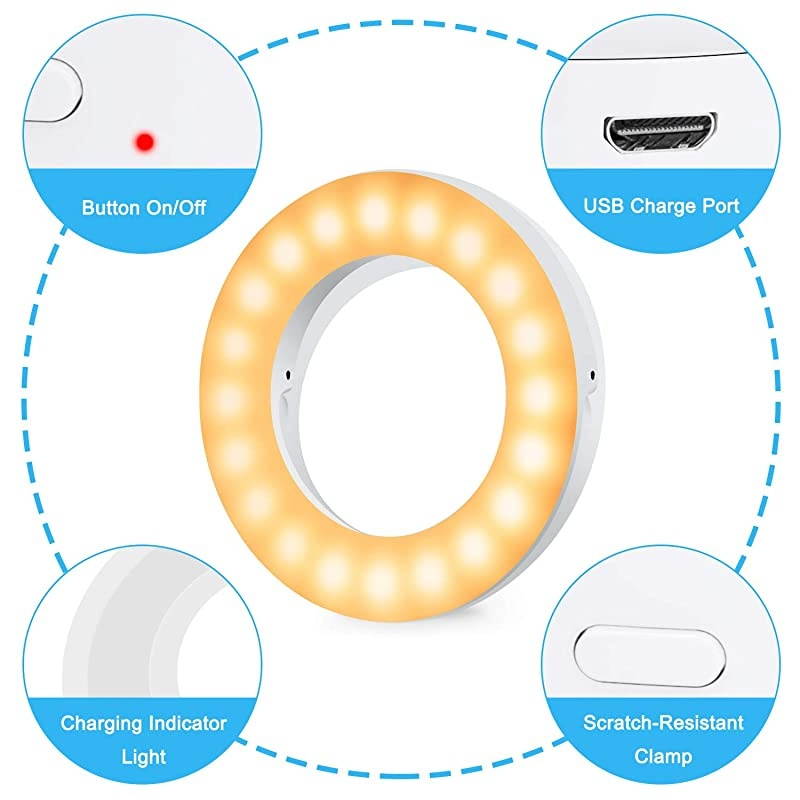 Selfie Ring Light,  Rechargeable Portable Clip on 40 LED Circle Light with 3 Light Modes for iPhone/Android Smart Phone Photography, Camera Video Recording, Vlog
