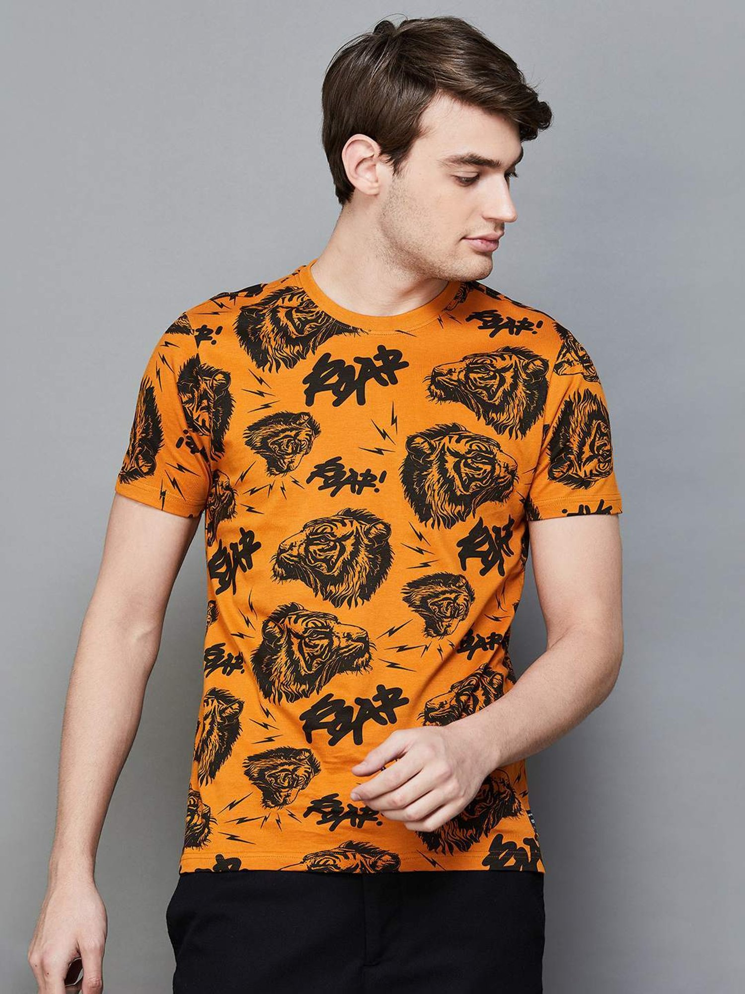 Forca by Lifestyle Orange Cotton Regular Fit Printed T-Shirt